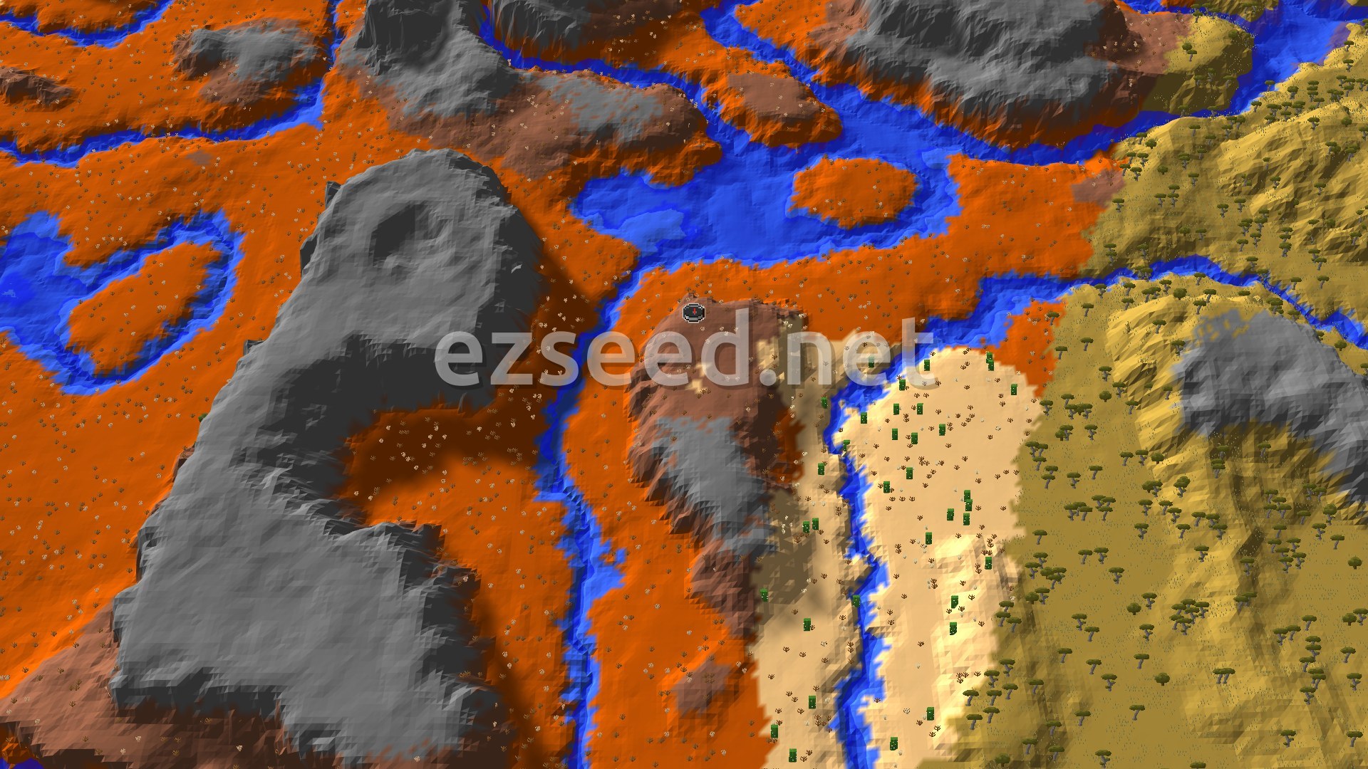 An aerial view of a Minecraft landscape featuring red and orange badlands terrain, with blue rivers winding through and patches of green savanna.