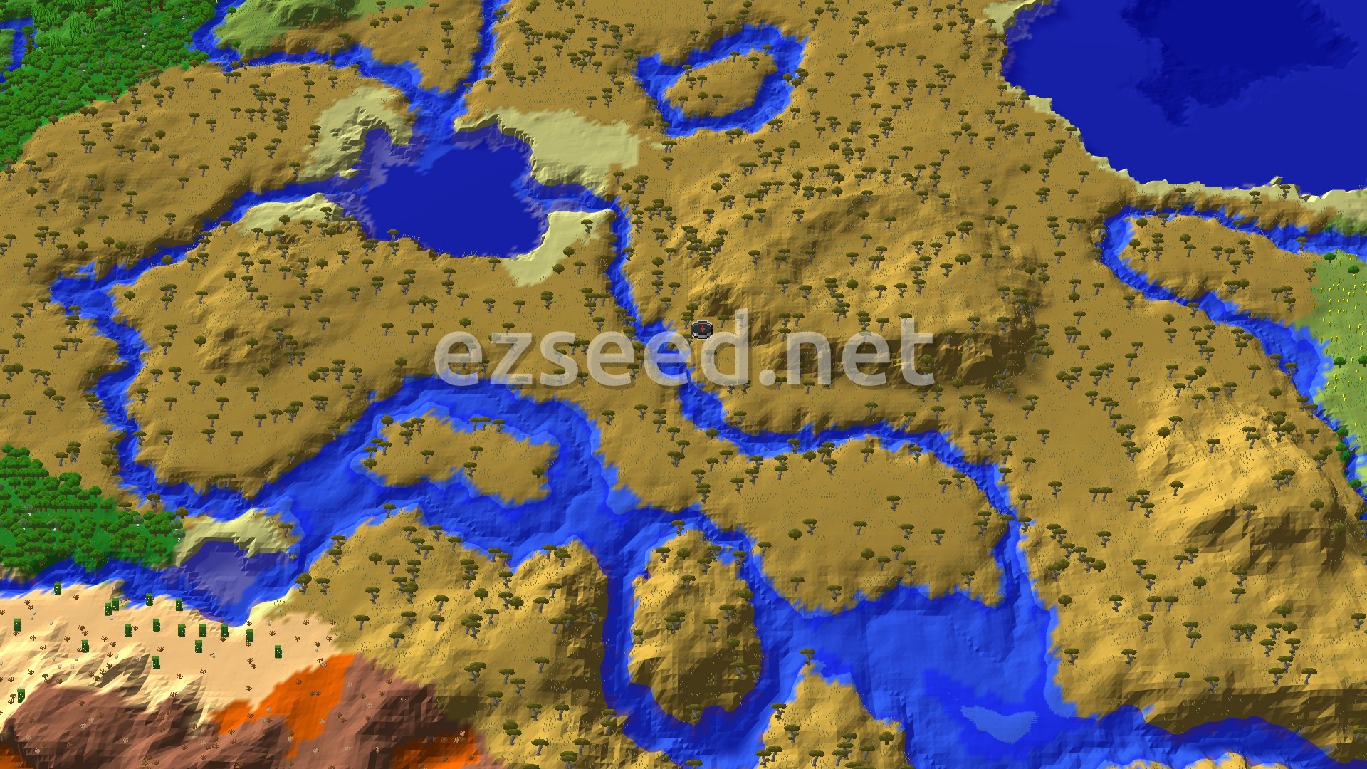 Flat-topped savanna plains dotted with acacia trees, cut by winding rivers and a lake, with badlands and desert sand at the lower left.