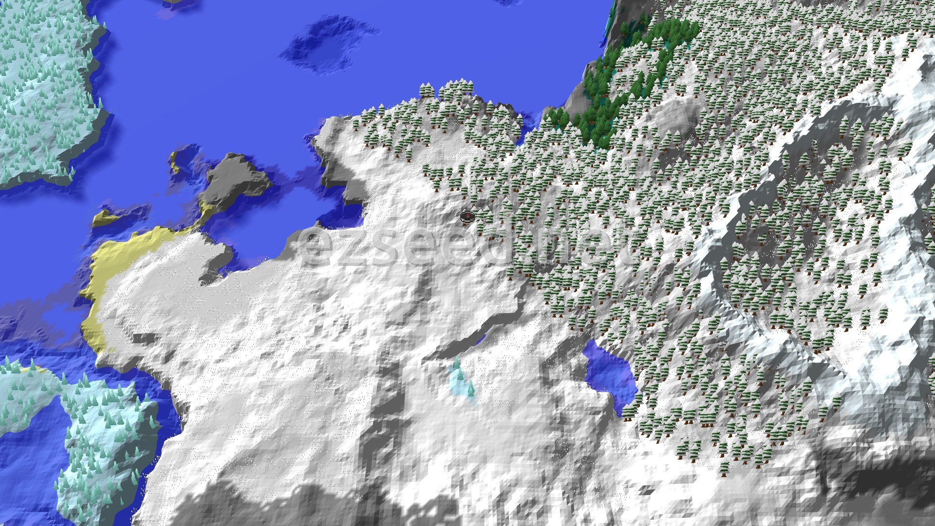 A 3D render of a snowy, mountainous landscape with many pine trees and some open water, viewed from above.