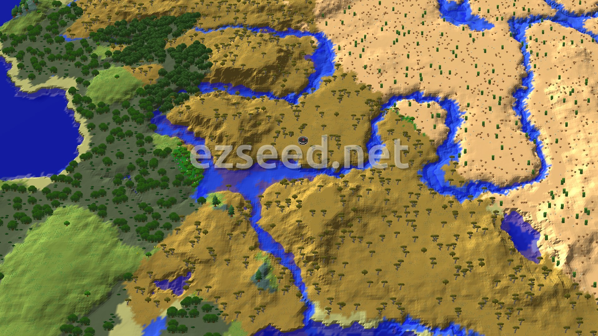 An aerial view shows a vast savanna biome with scattered acacia trees, bordered by a winding river and a large desert to the east. A small marker indicates the spawn point.