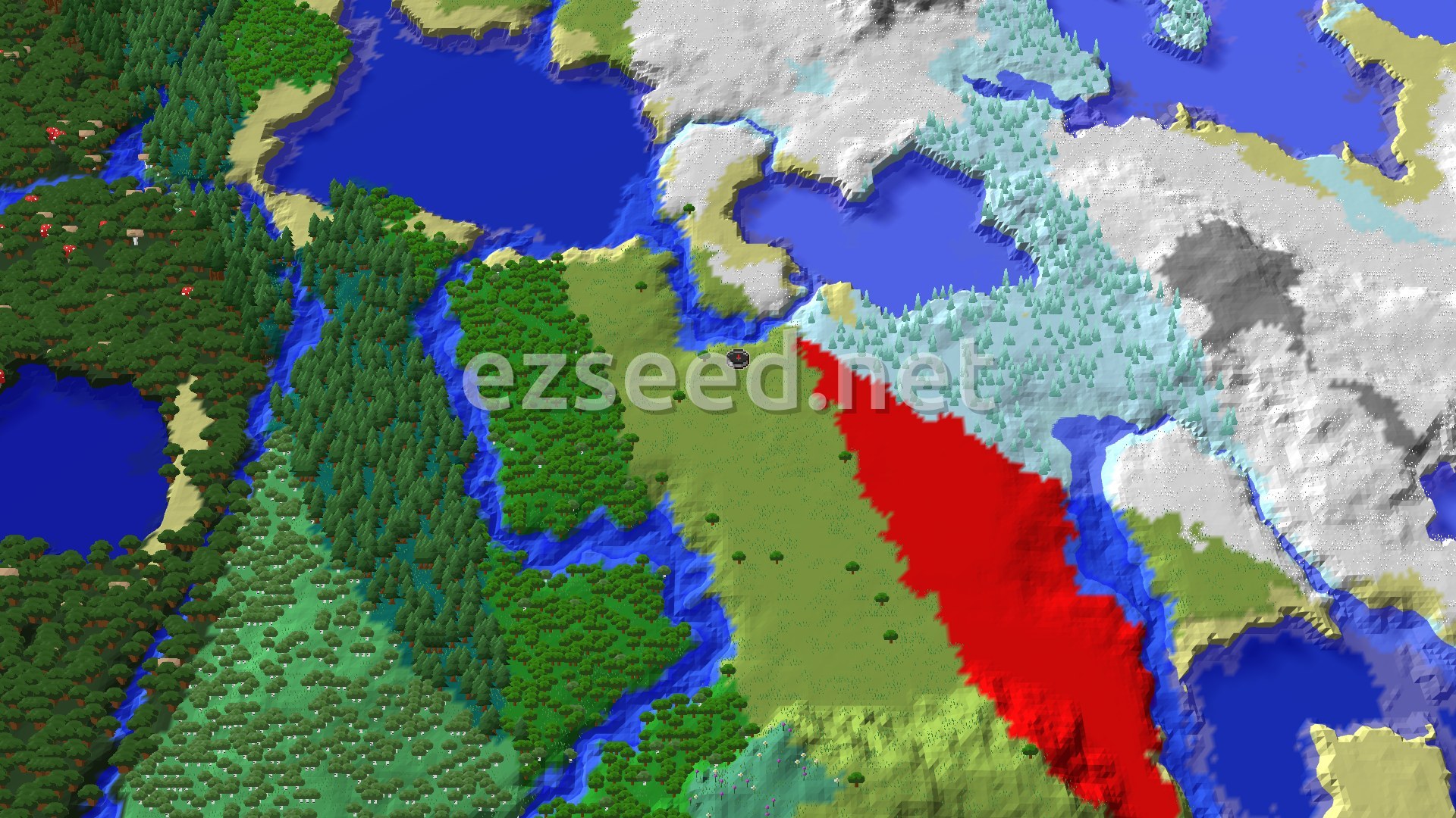 A bird's eye view of a varied landscape with a central green plains area, dark forests to the west, and snow-covered terrain with ice spikes to the north.