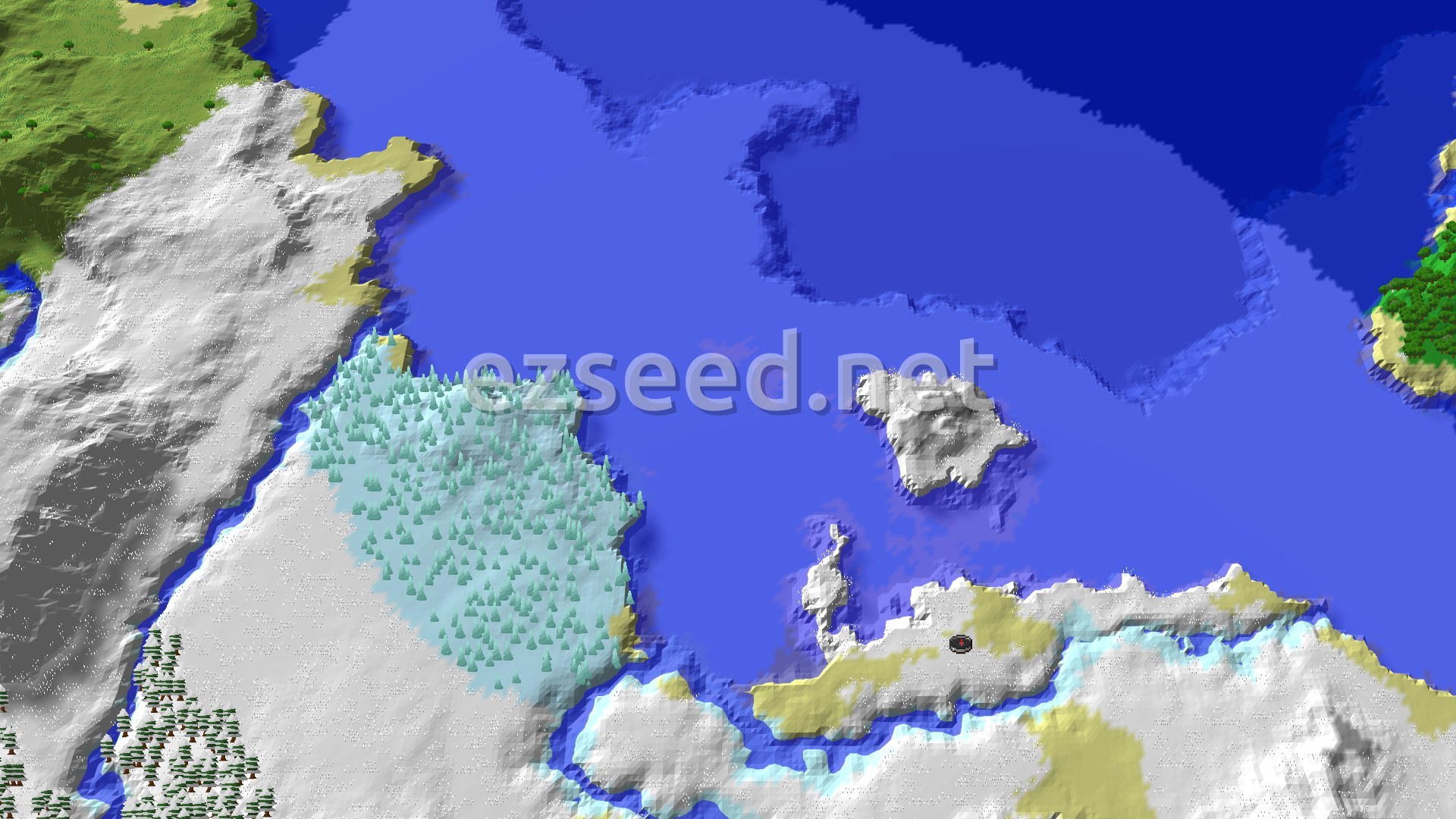 A snow-covered coast with a pale ice-spike grove, frozen shoreline, a small snowy islet in dark blue water, and green forest hills at the far edge.