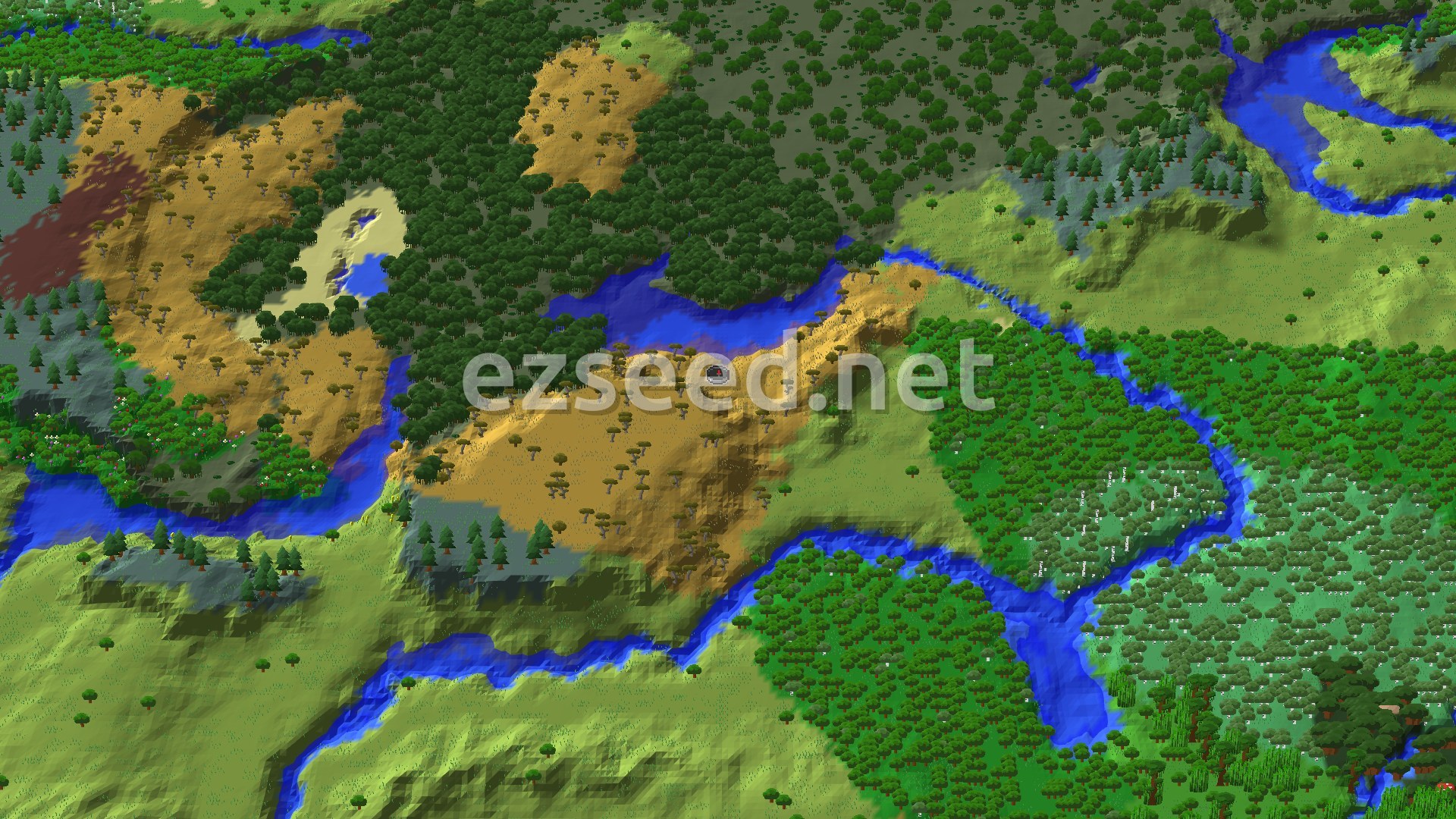 A fly-over of a tan savanna ridge dotted with acacia trees, split by winding blue rivers and ringed by dark forest and green plains.