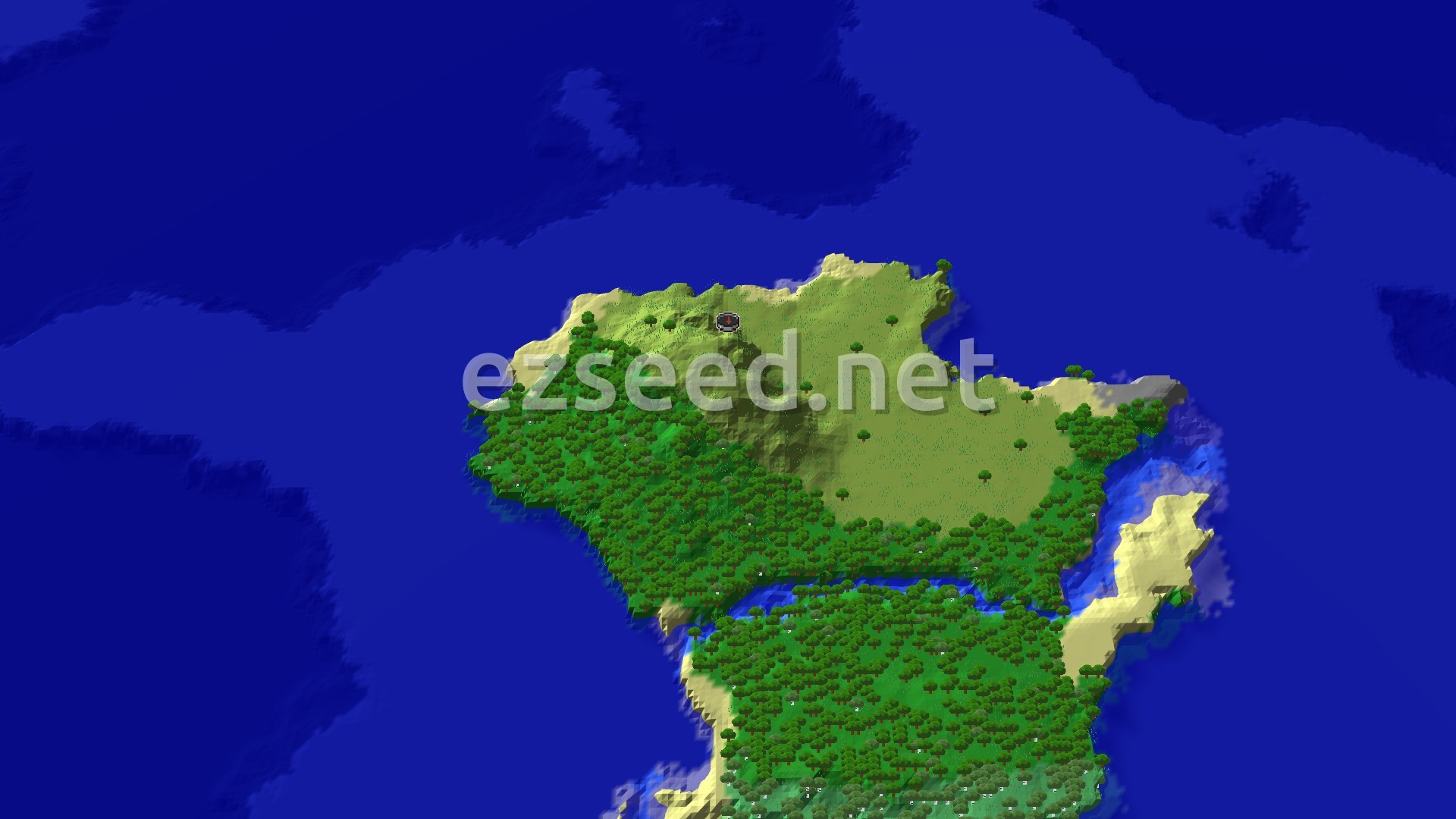 A bird's-eye view of a large, green island covered in forests and plains, surrounded by blue ocean, with a small spawn marker in the center.