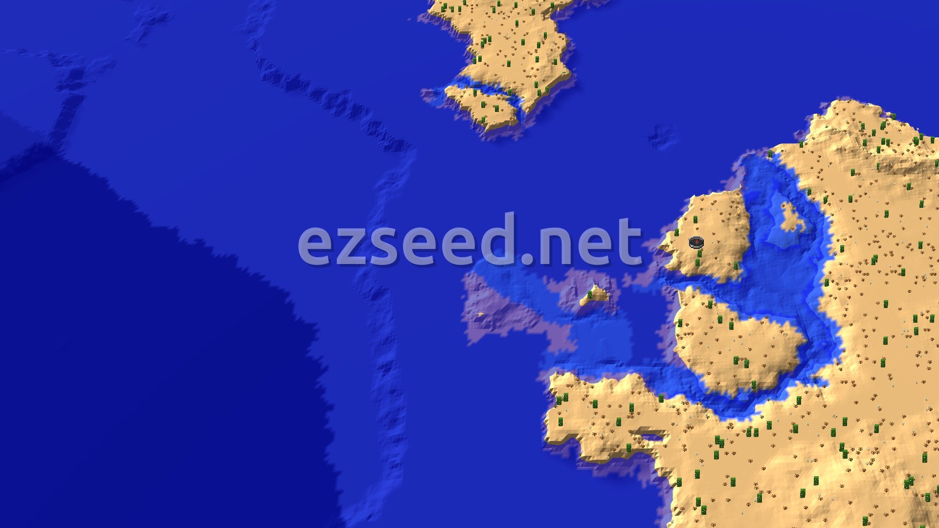 An overhead map view of a desert island surrounded by a vast blue ocean. Small green cacti are scattered across the sandy terrain, and a dark circular marker indicates the spawn point on the island.