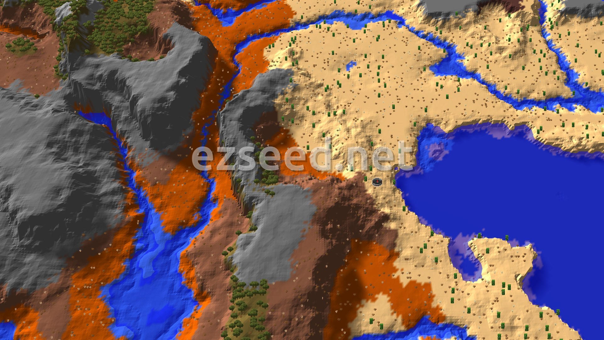 A pale desert plateau with scattered cacti meets a deep blue bay, with orange-banded badlands and grey rocky ridges to the west.