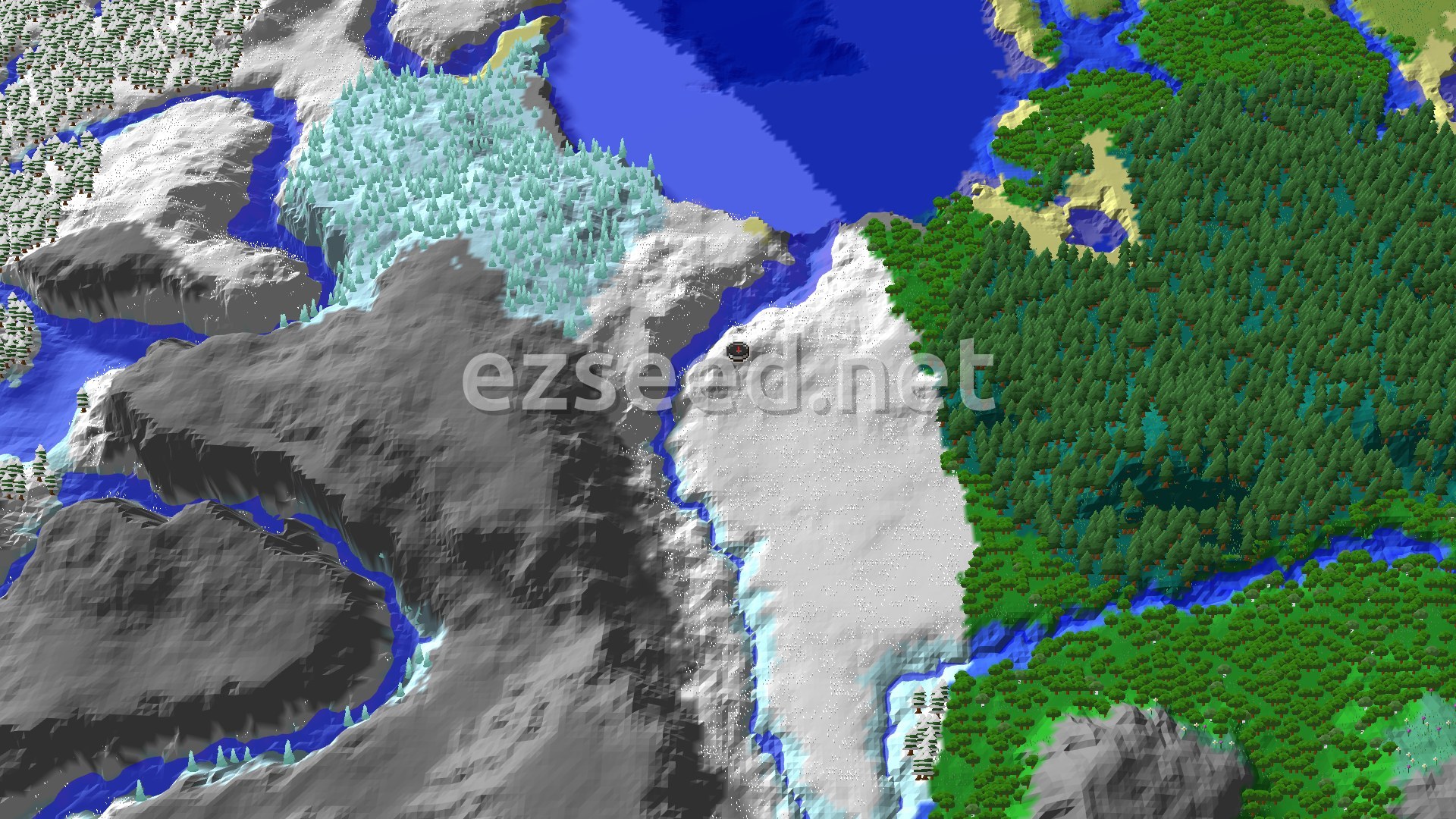 Aerial Minecraft seed map — Igloo at Spawn in the Snowy Plains with Ice Spikes
