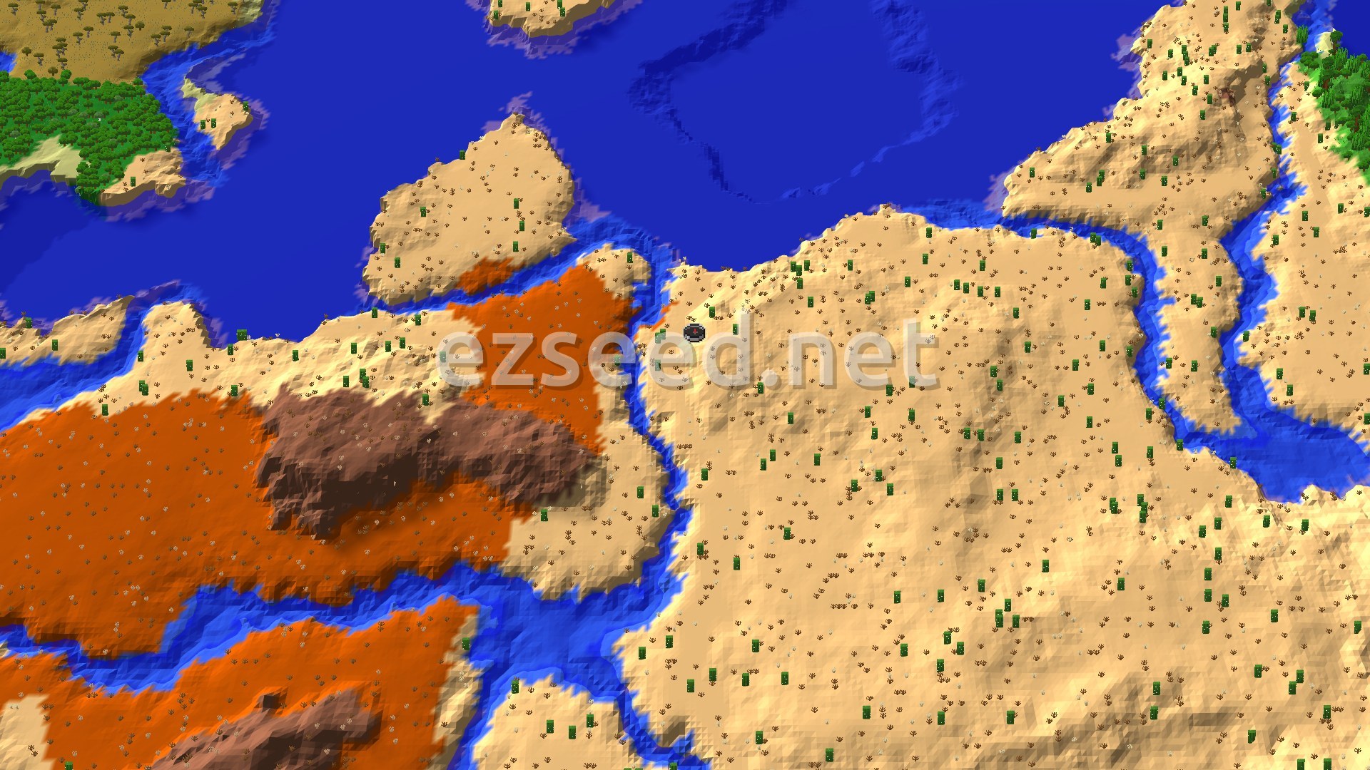 A sandy desert dotted with cacti slopes down to blue water, with orange badlands and a dark brown ridge to the west and a green forest in the far corner.