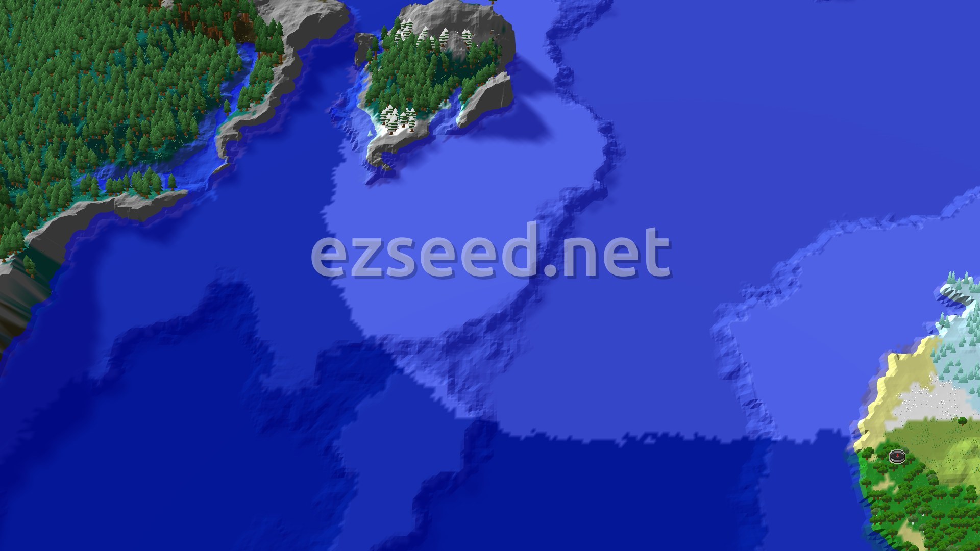 A 3D fly-over image of a large, green island covered in forests, with some snowy patches and white ice spikes, surrounded by deep blue ocean.