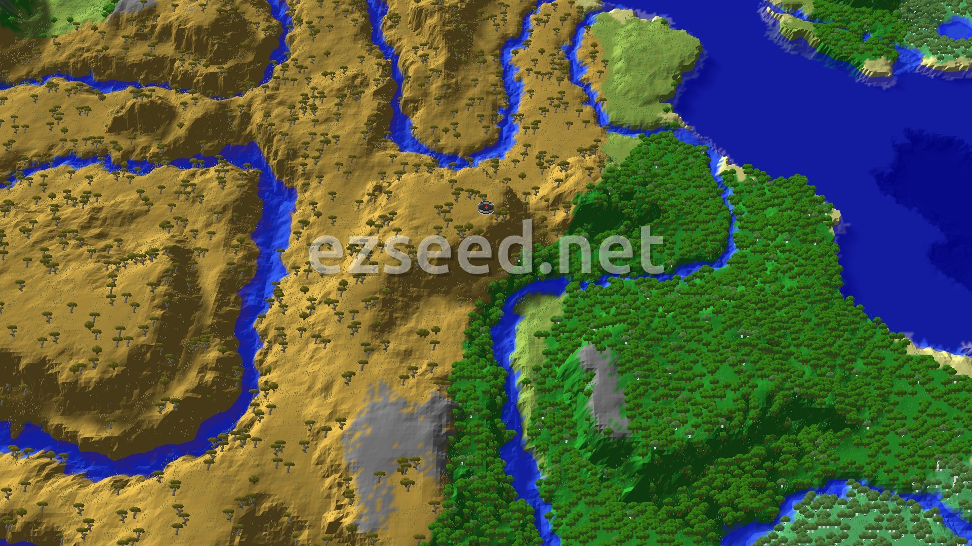 A flat-topped savanna plateau with scattered acacia trees, carved by winding blue rivers, with dense green forest and open ocean to the east.
