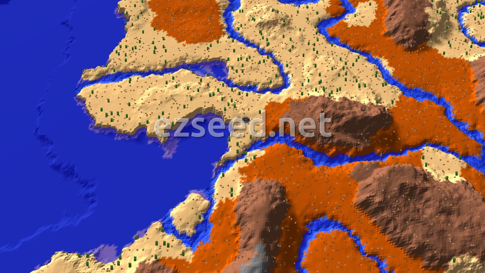 Aerial Minecraft seed map — Desert and Badlands Coast With a Village Within 300 Blocks