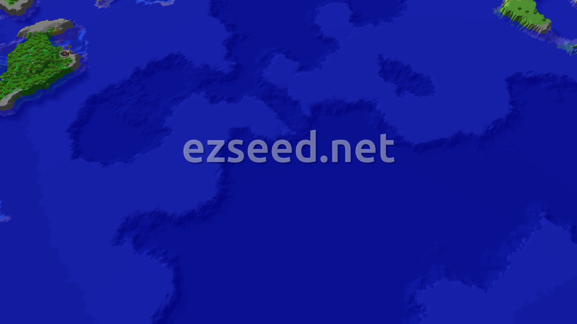 A 3D render of a small, green island covered in trees, surrounded by blue ocean, with a small marker at the center indicating spawn.