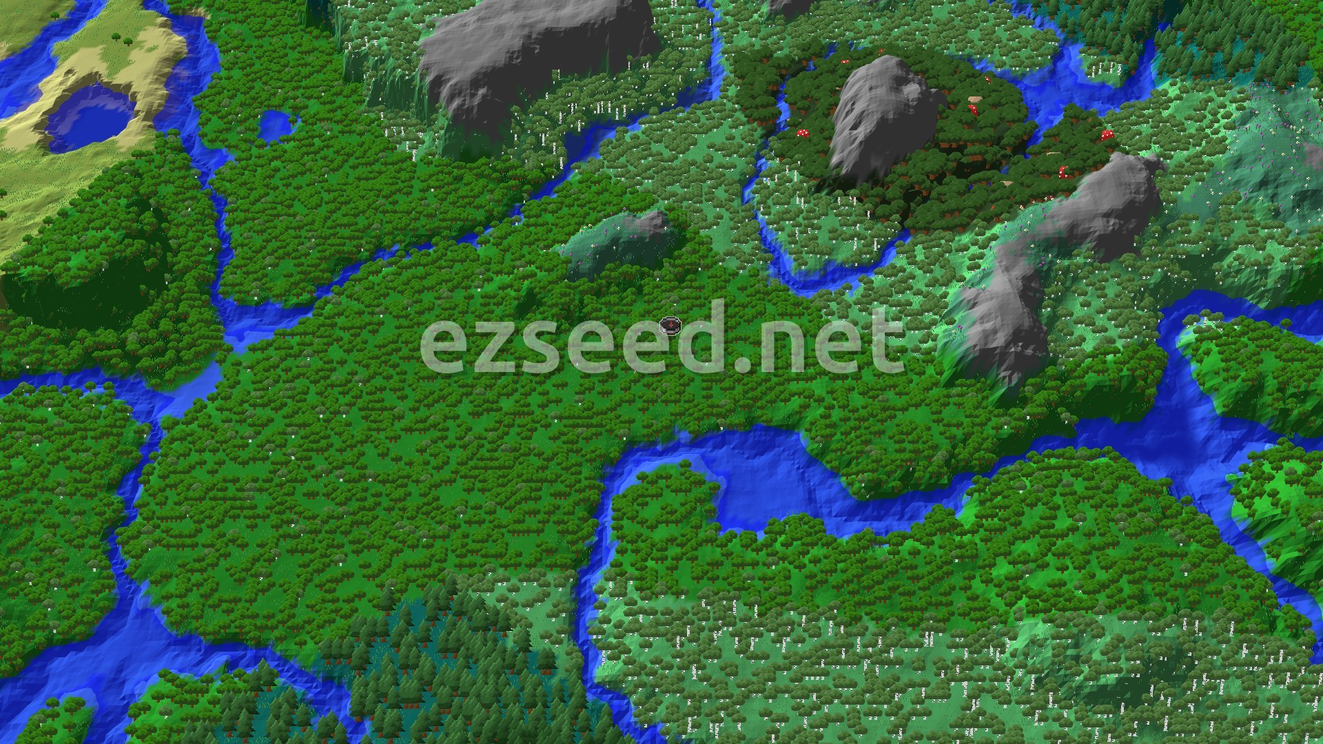 A 3D fly-over of dense forest threaded by rivers and small lakes, with grey rock outcrops, birch stands and spruce pockets around the spawn marker.
