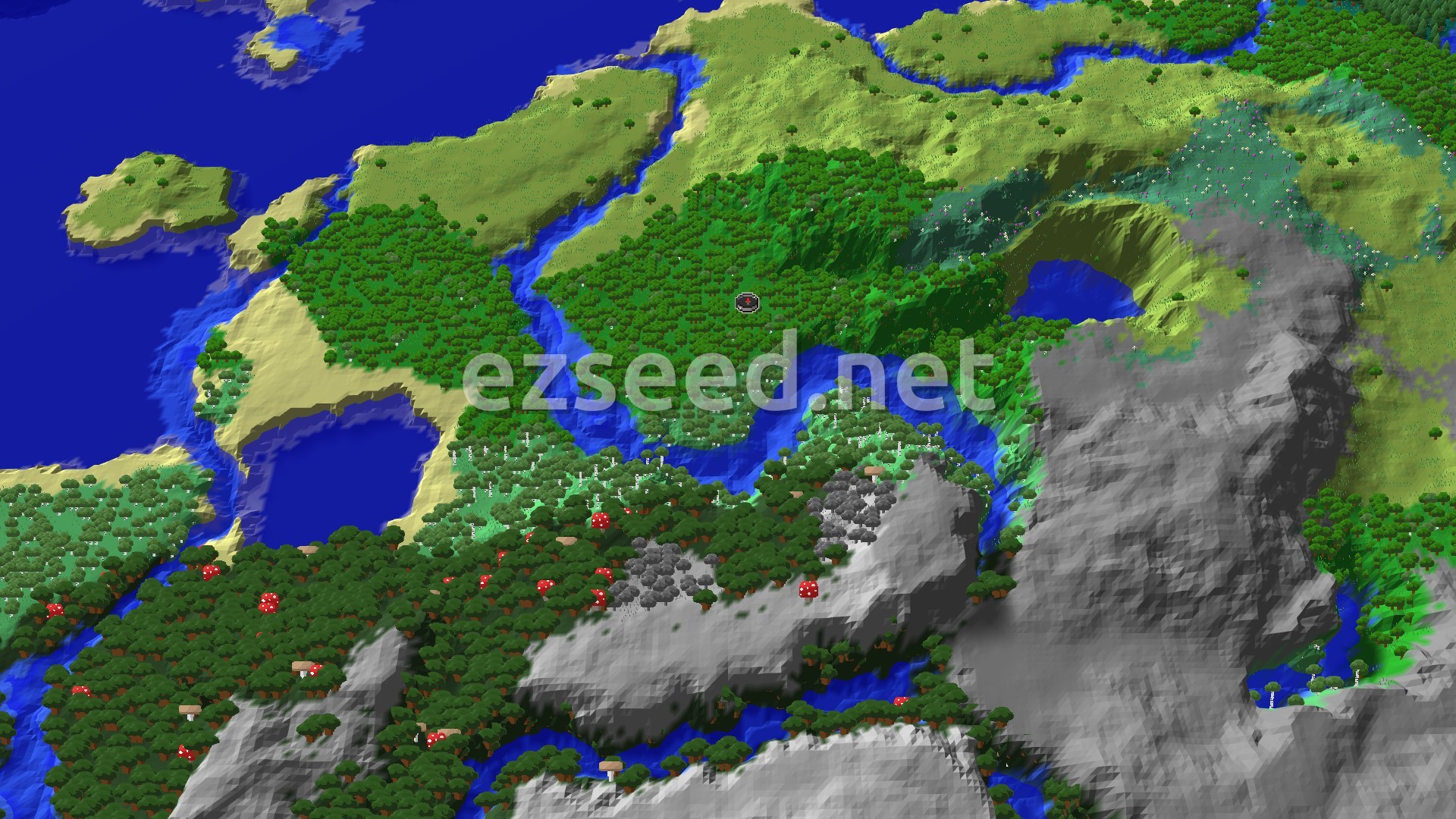 A green forest valley around a river, with bare grey rock ridges to the south and east, a dark forest with red mushrooms in the foreground, and ocean along the west edge.