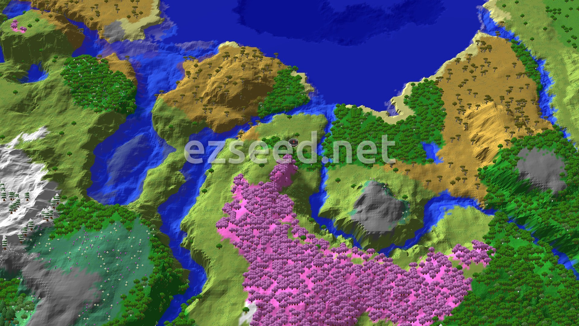 A 3D fly-over of green plains cut by blue rivers, with a big pink cherry grove to the south, tan savanna hills to the north and east, and a dark ocean beyond.