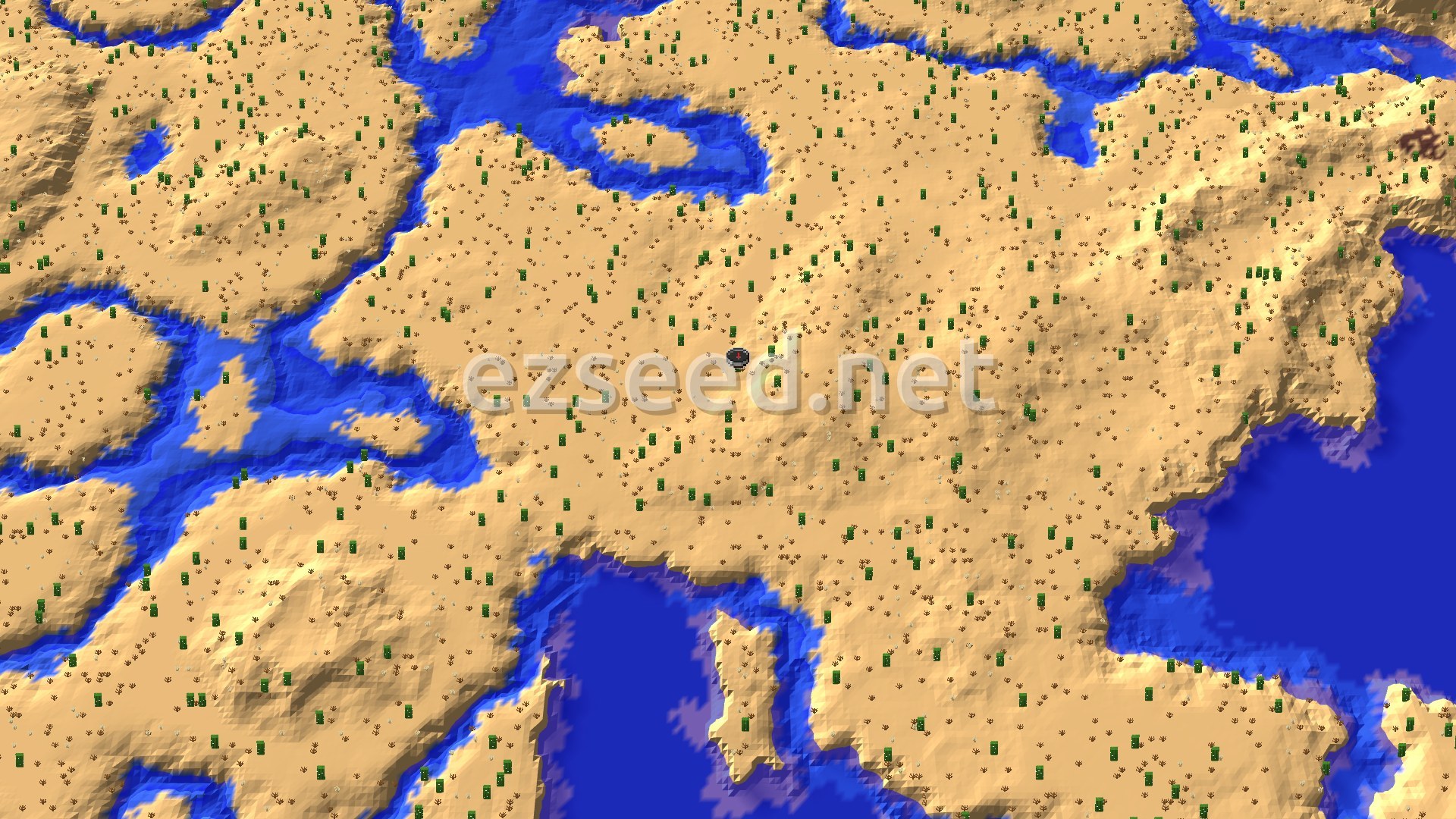 A broad sandy desert dotted with cacti and dead bushes, split by winding blue rivers and bordered by deep ocean to the south and east.
