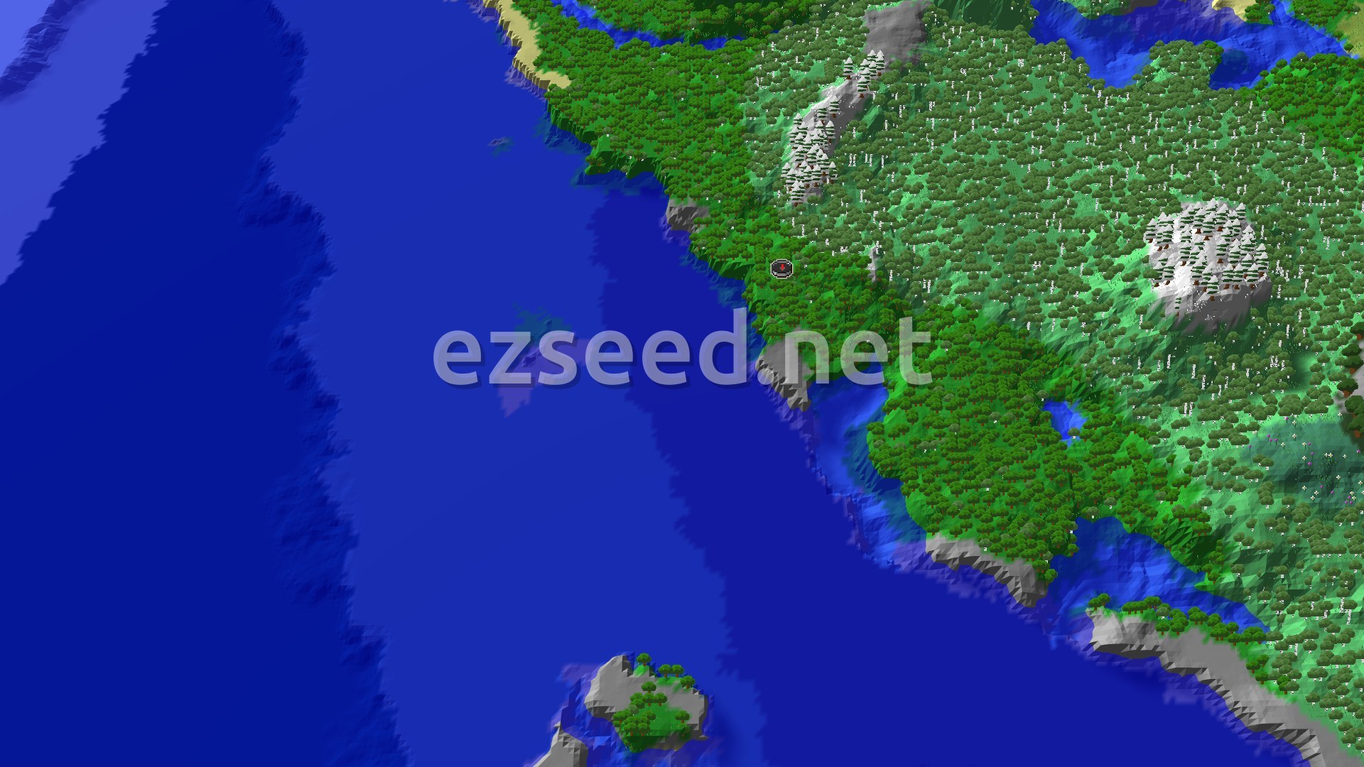 A dense green forest coastline meets deep blue open water on the left, with gray rocky outcrops, a few snow-dusted hilltops and small ponds inland.