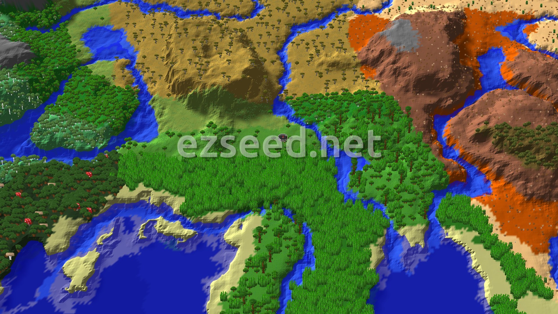 A 3D fly-over of a jungle clearing cut by rivers, with savanna plateaus to the north, orange-and-brown badlands to the east and ocean inlets to the south.
