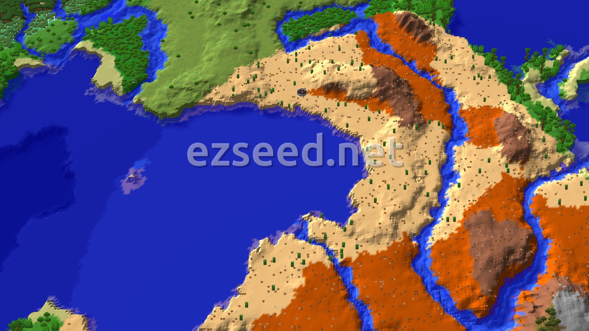 An aerial 3D view of a desert and badlands landscape meeting a large body of water, with a small spawn marker on the desert.