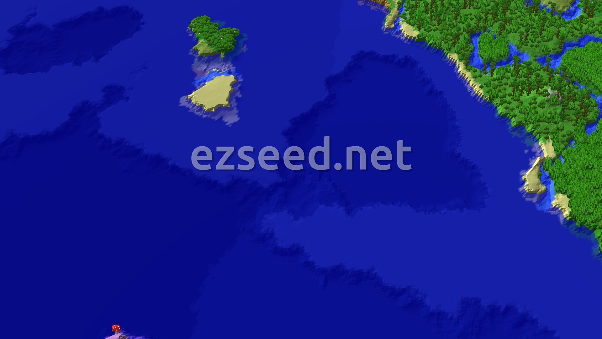 A lush green jungle biome with dense trees borders a sandy beach and a deep blue ocean.