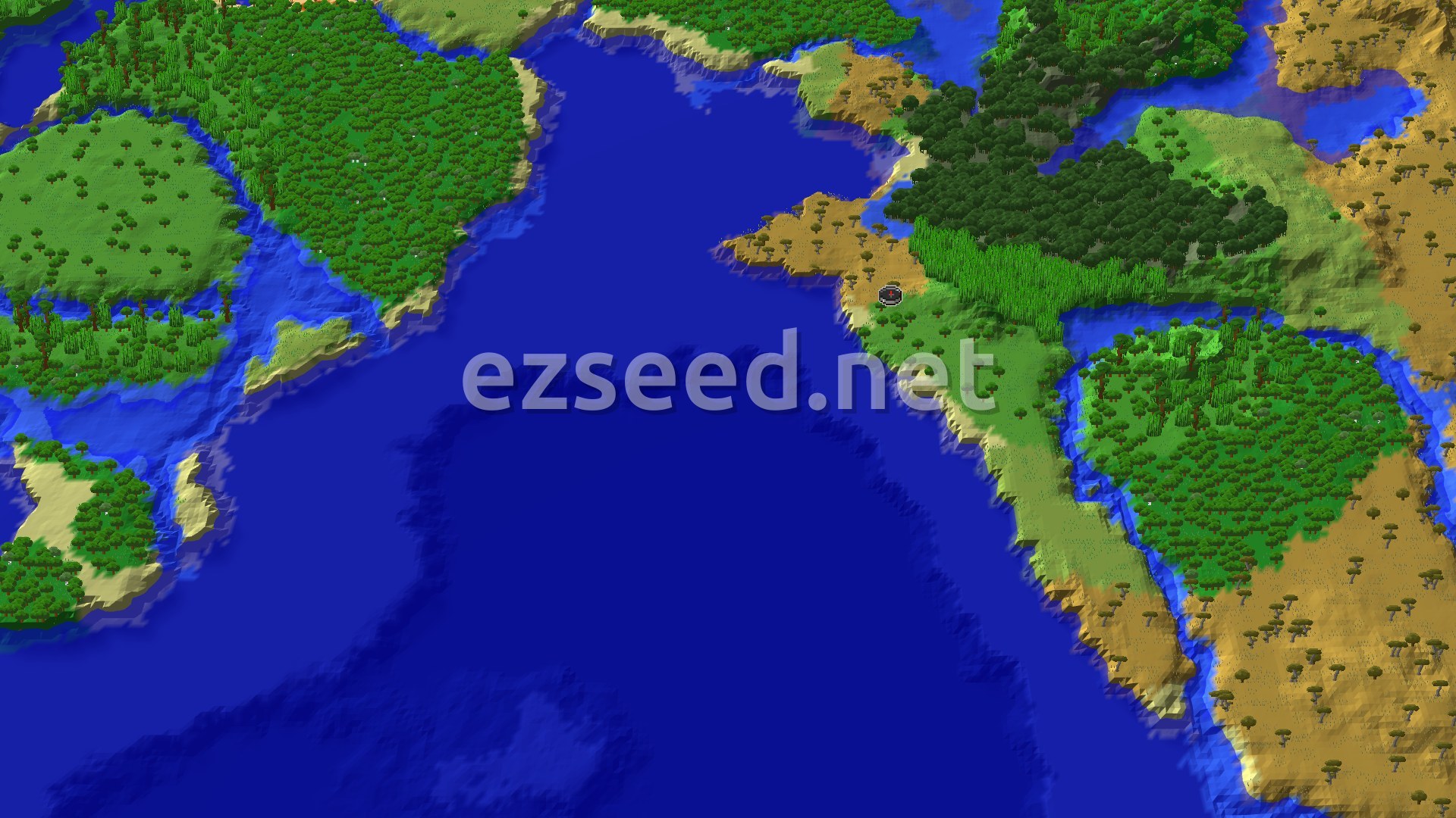 A 3D fly-over of a wide blue bay with a jungle and savanna coastline on the east shore, green forested islands to the west, and a small marker at the shoreline.