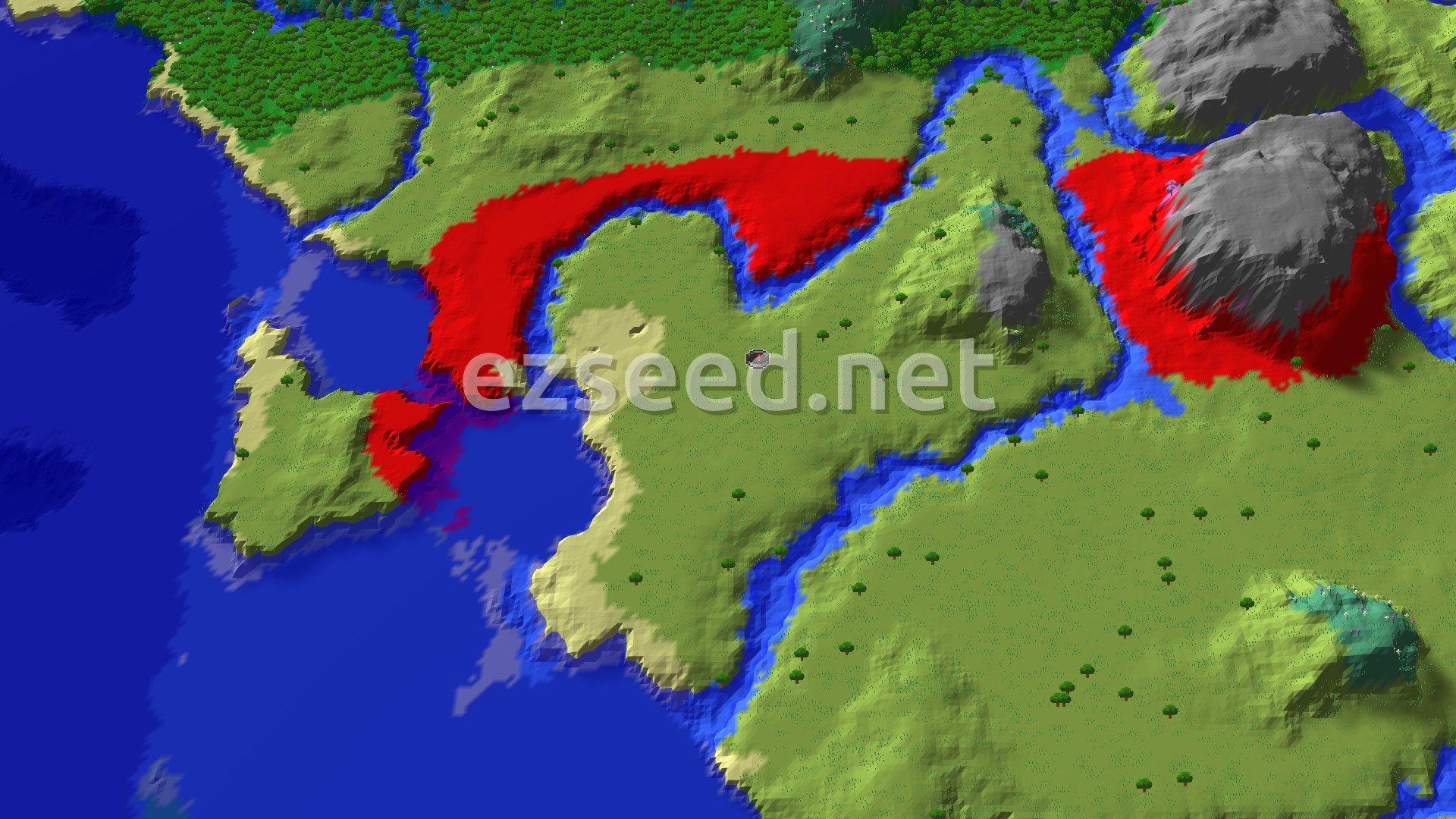 Aerial Minecraft seed map — Village at Spawn on Open Plains Beside a River