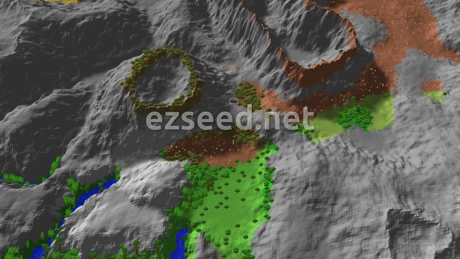 A 3D fly-over of grey rocky highlands with a wooded ring crater, rust-red badlands bands, green forest and jungle meadows, and thin blue rivers in the lower left.