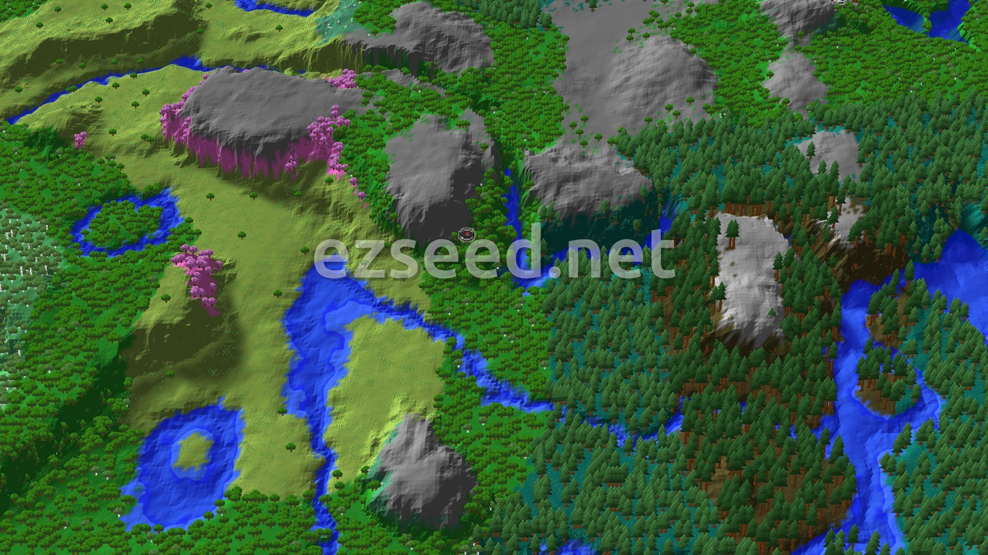 A forested valley floor with grey rocky hills to the north, pink cherry trees on a ridge to the west, and dense spruce forest and winding rivers to the east.