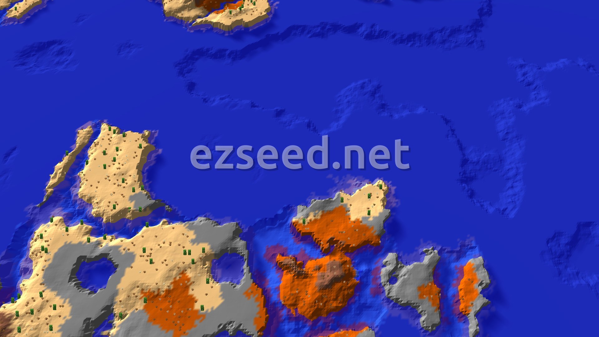 A fly-over of orange badlands and pale desert islands with scattered cacti, ringed by deep blue ocean water.
