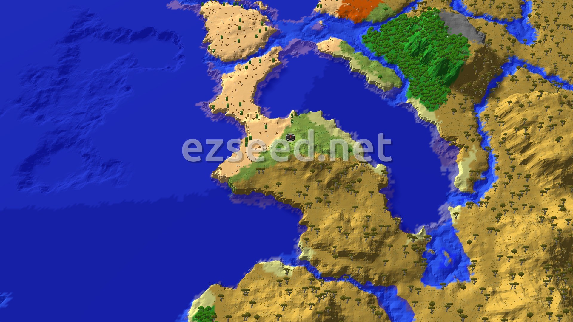 A green plains tip pushes into deep blue water, with pale desert sand to the west, savanna hills and acacia trees to the south, and a dense forest patch to the northeast.