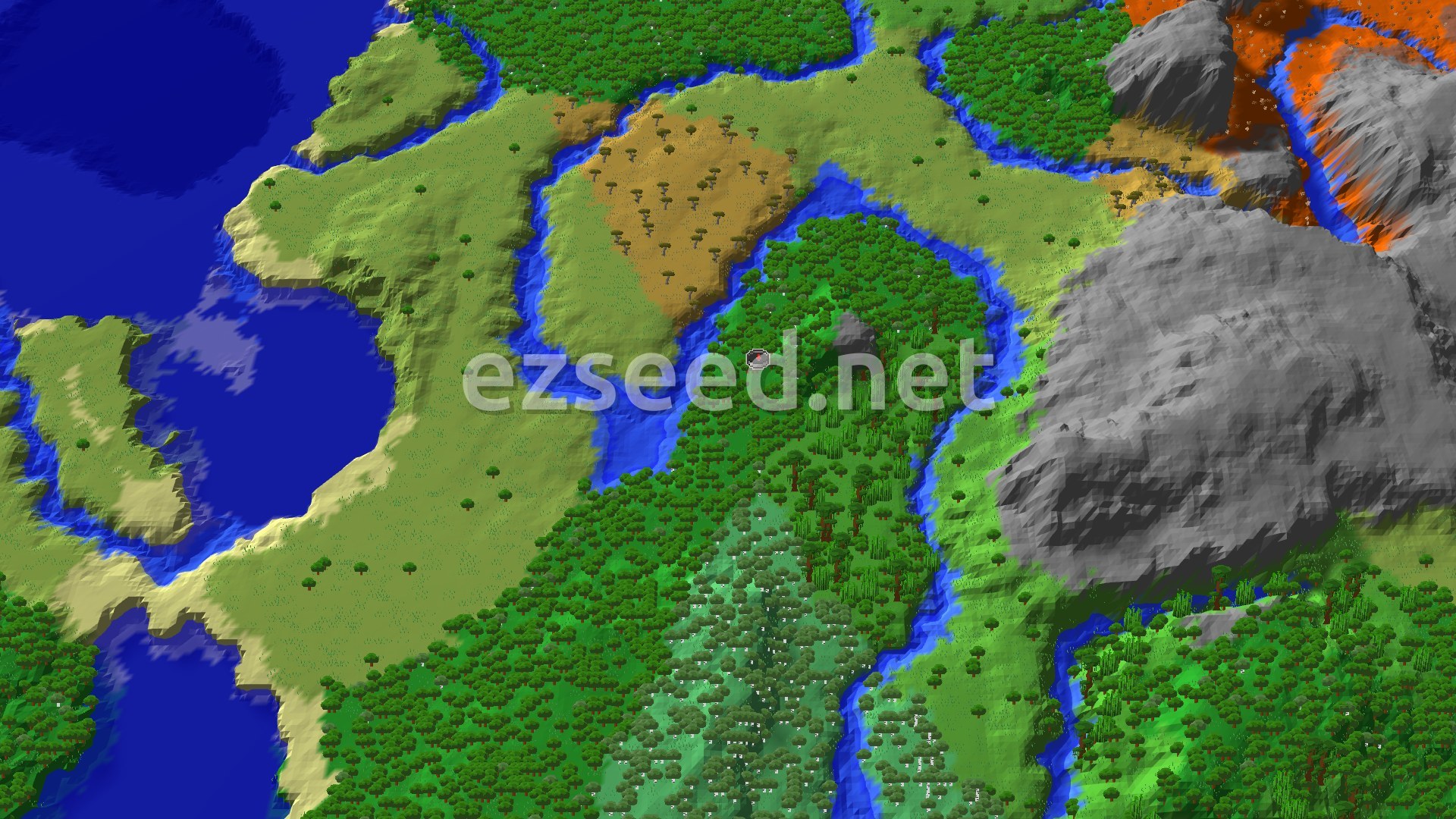 A fly-over of a forested ridge wrapped by a winding river, with open grassland and a savanna patch to the north and a bare stone hillside to the east.