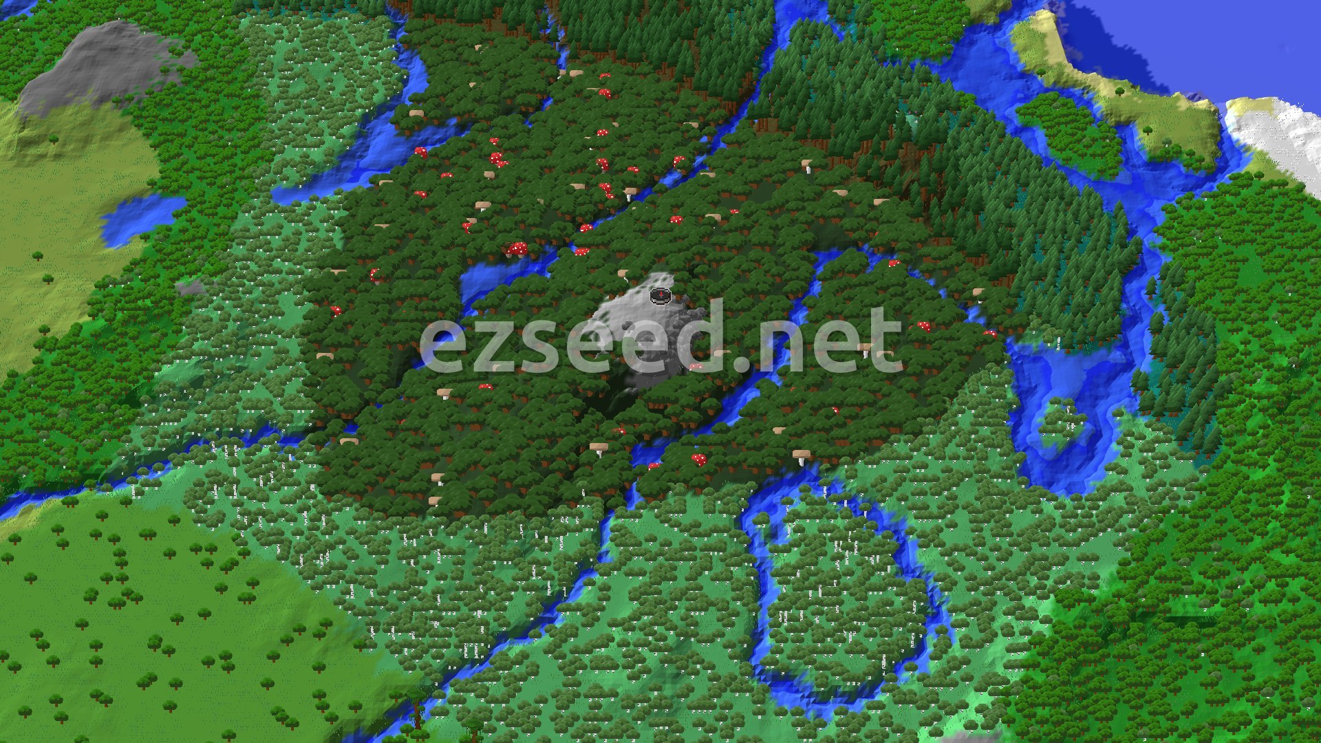 A bare grey clearing at the centre of dense dark oak forest dotted with giant red mushrooms, cut by winding rivers, with birch woods to the south and open grassland and a coast at the edges.