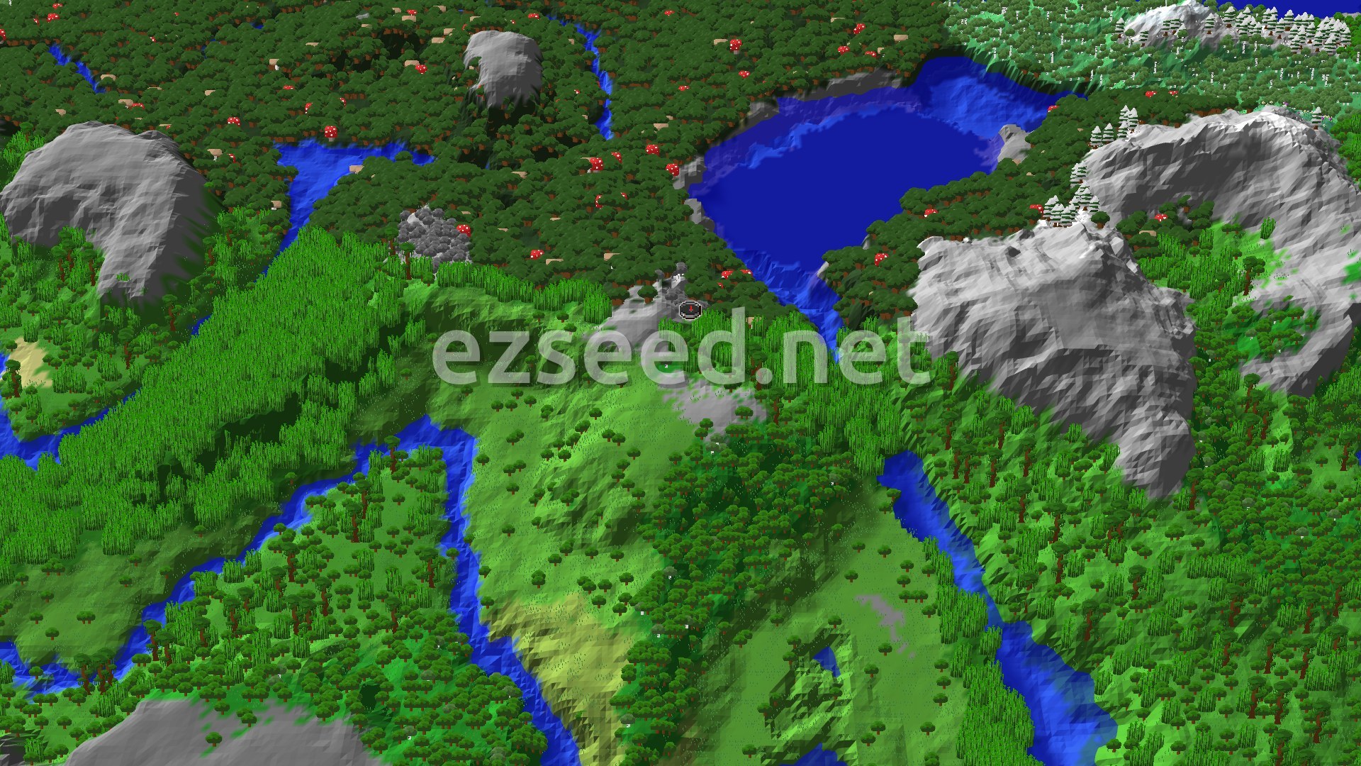 An aerial view of a lush green landscape with dense jungle trees, winding rivers, a large lake, and a few grey mountains, some with snowy peaks.