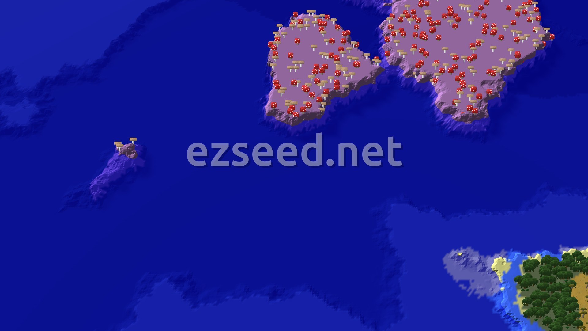 A 3D fly-over of deep blue ocean with two purple-grey mushroom islands in the upper half and a small tree-covered savanna coast in the lower right corner.