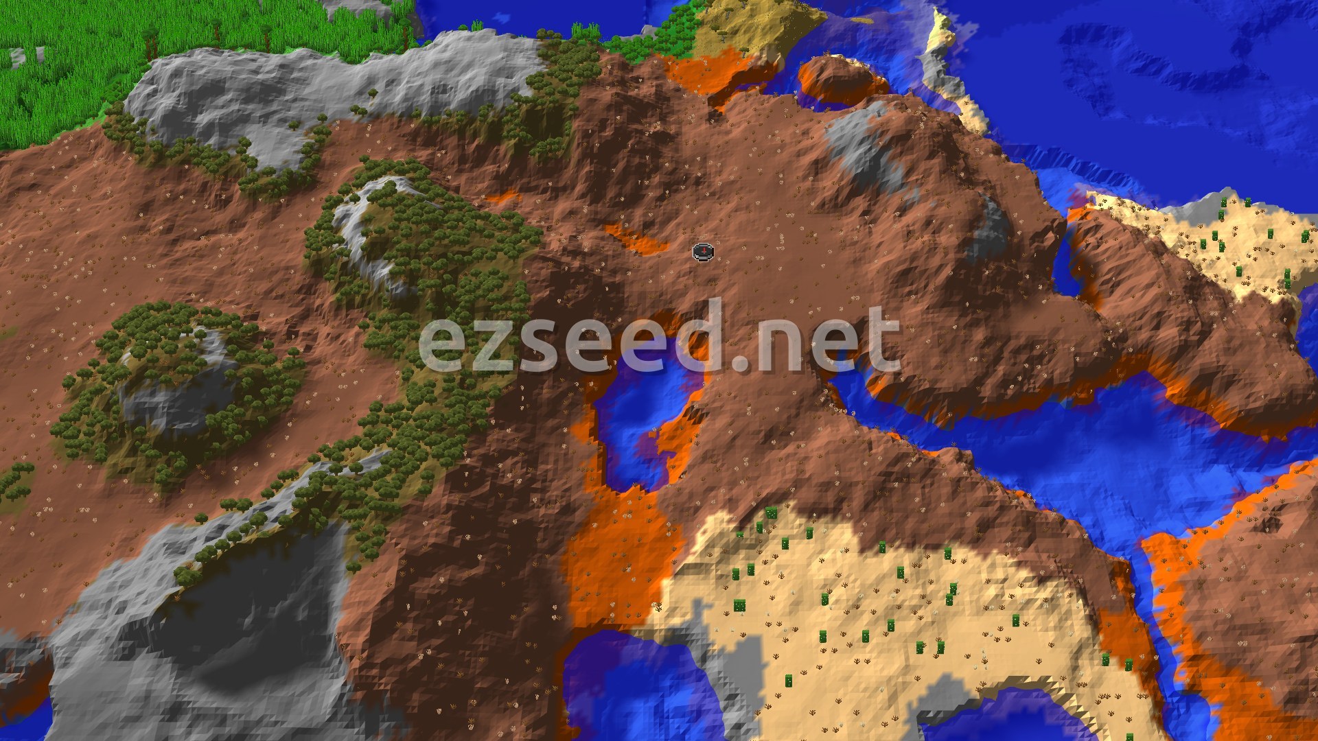 A fly-over of terracotta-brown badlands ridges cut by blue water, with green savanna to the north-west, pale desert sand to the south and open ocean to the east.