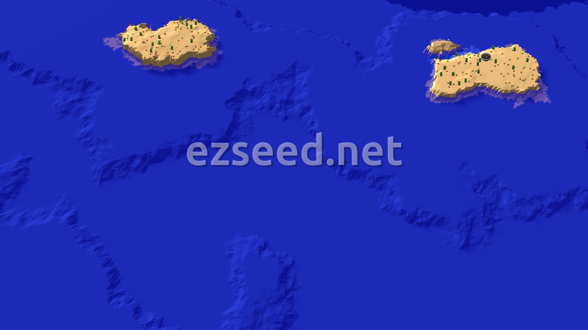 A sandy desert island dotted with cacti sits in deep blue ocean, with a second small desert island to the west and a spawn marker on the larger one.