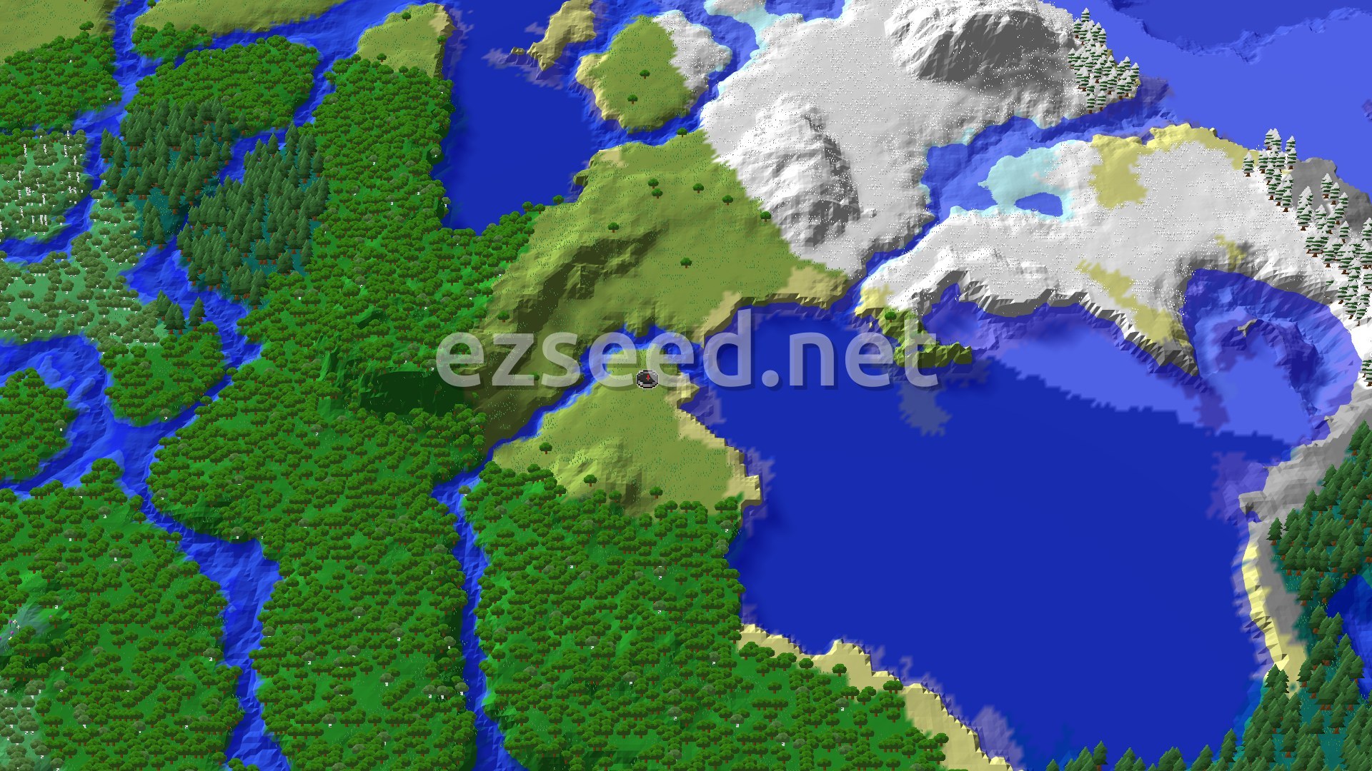 An aerial view showing a plains biome at the bottom with a spawn marker, a large blue ocean to the right, and snow-capped mountains and frozen ocean biomes at the top.