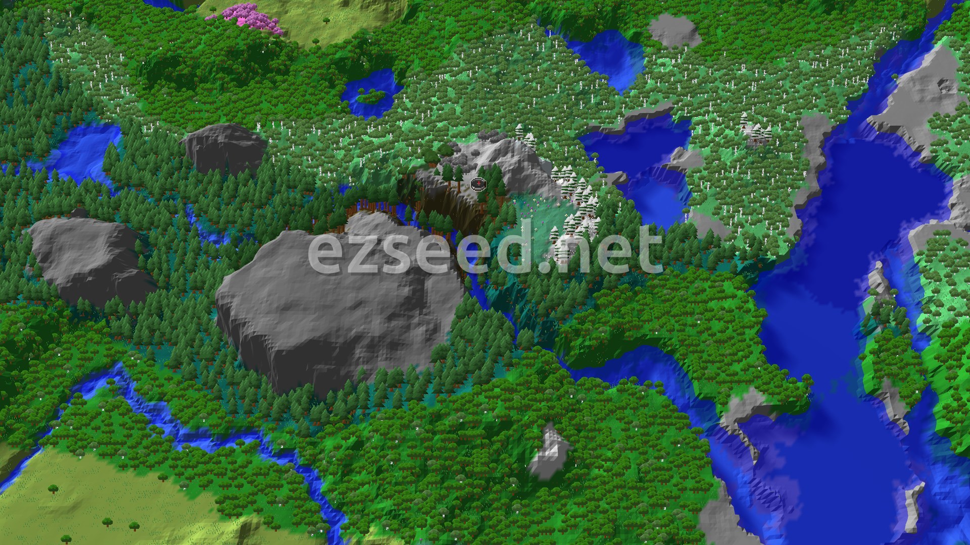 An aerial view of a diverse landscape featuring dense green forests, winding blue rivers, patches of pink cherry trees, and a snow-capped mountain near the center.