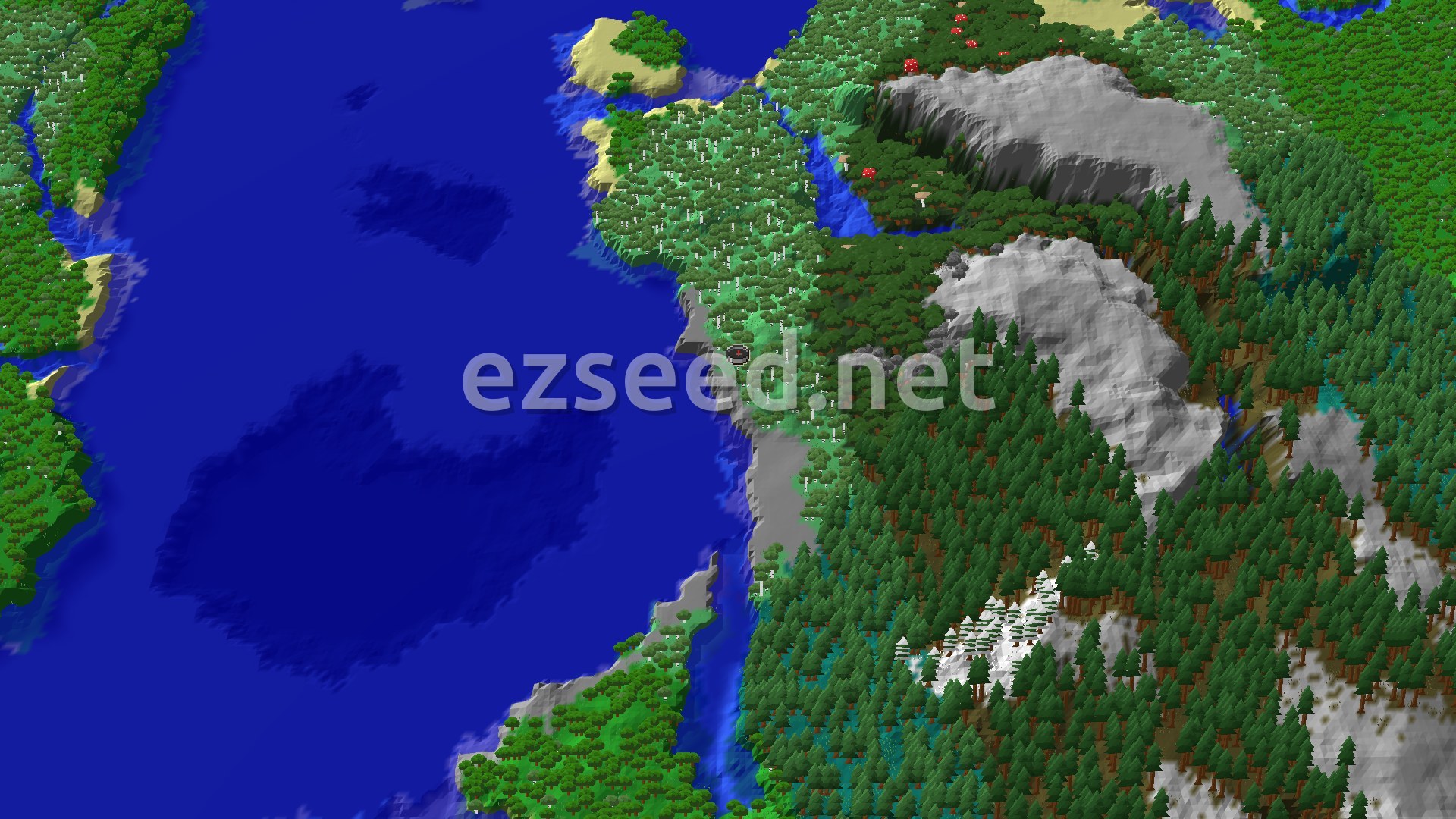 Aerial Minecraft seed map — Pale Garden Beyond an Old Growth Birch Forest Coast