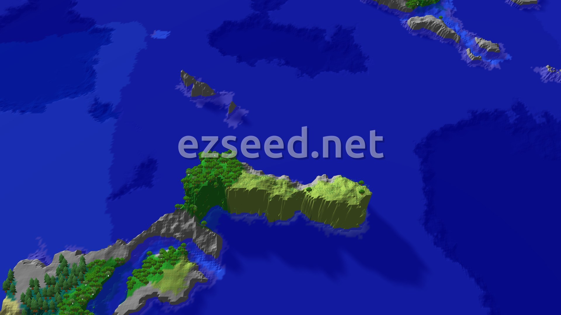 An aerial view of a large, green island covered in forests and plains, surrounded by blue ocean, with smaller islands in the distance.