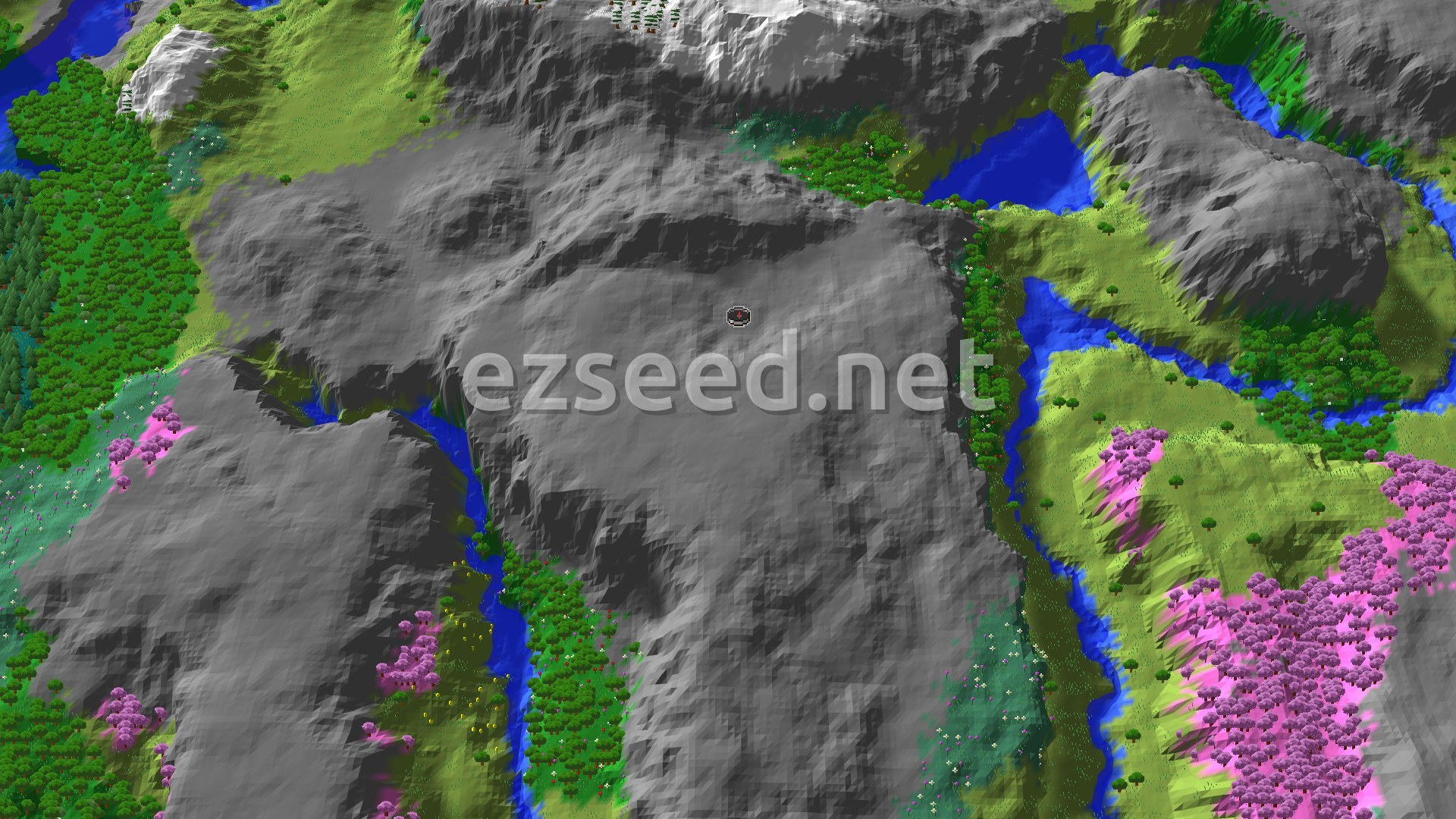 A bird's-eye view of a varied landscape, showing a central gray mountain range, patches of green meadows and forests, pink cherry trees, and blue rivers winding through the terrain, with a small spawn marker in the center.