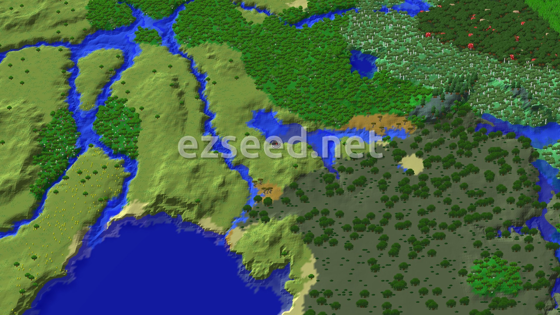 Rolling plains cut by blue rivers, with a swamp of dark scattered trees to the east, forest to the north and open water to the south.