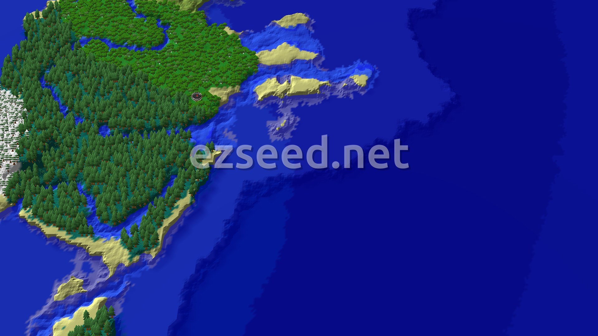 A fly-over of a forested coastline with dark spruce taiga to the west, sandy beaches and small islets to the east, and deep blue ocean beyond.