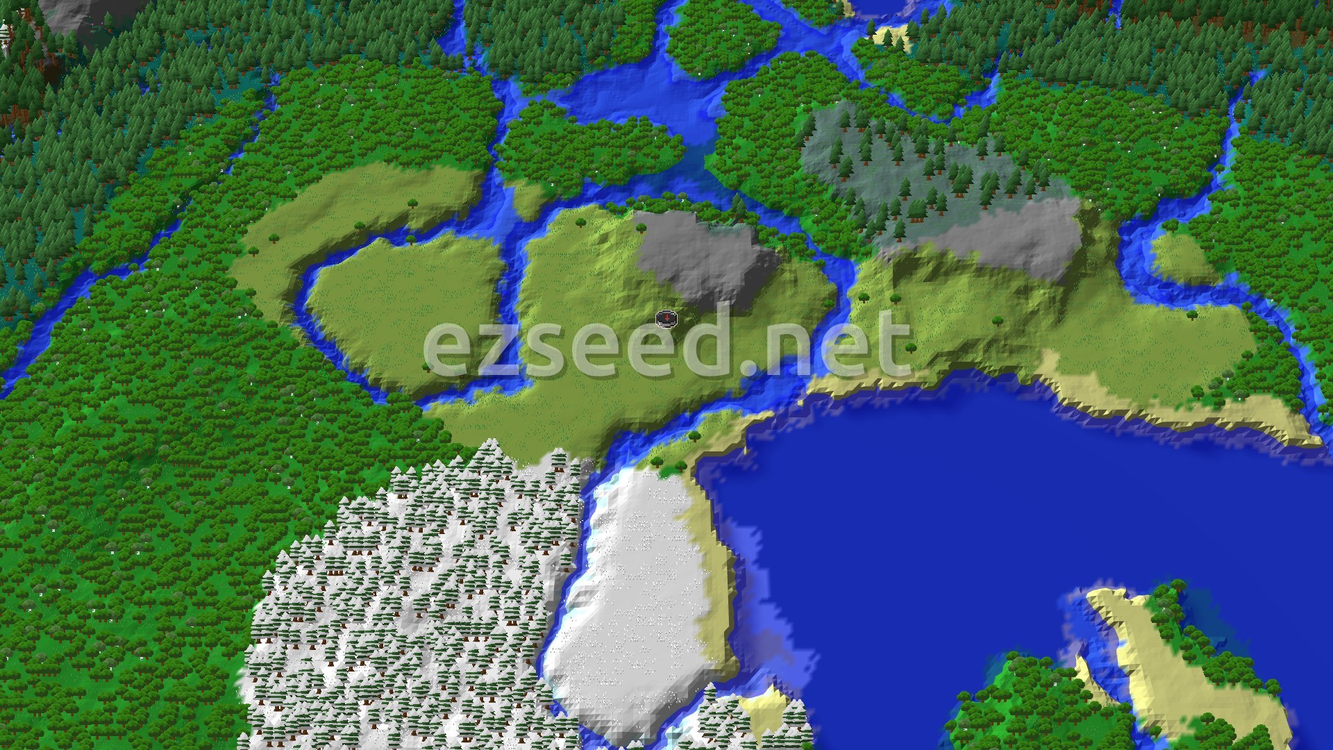 A bird's eye view of a varied Minecraft landscape, featuring green plains, dense forests, a snowy biome, and a large body of water. A small spawn marker sits in the center.