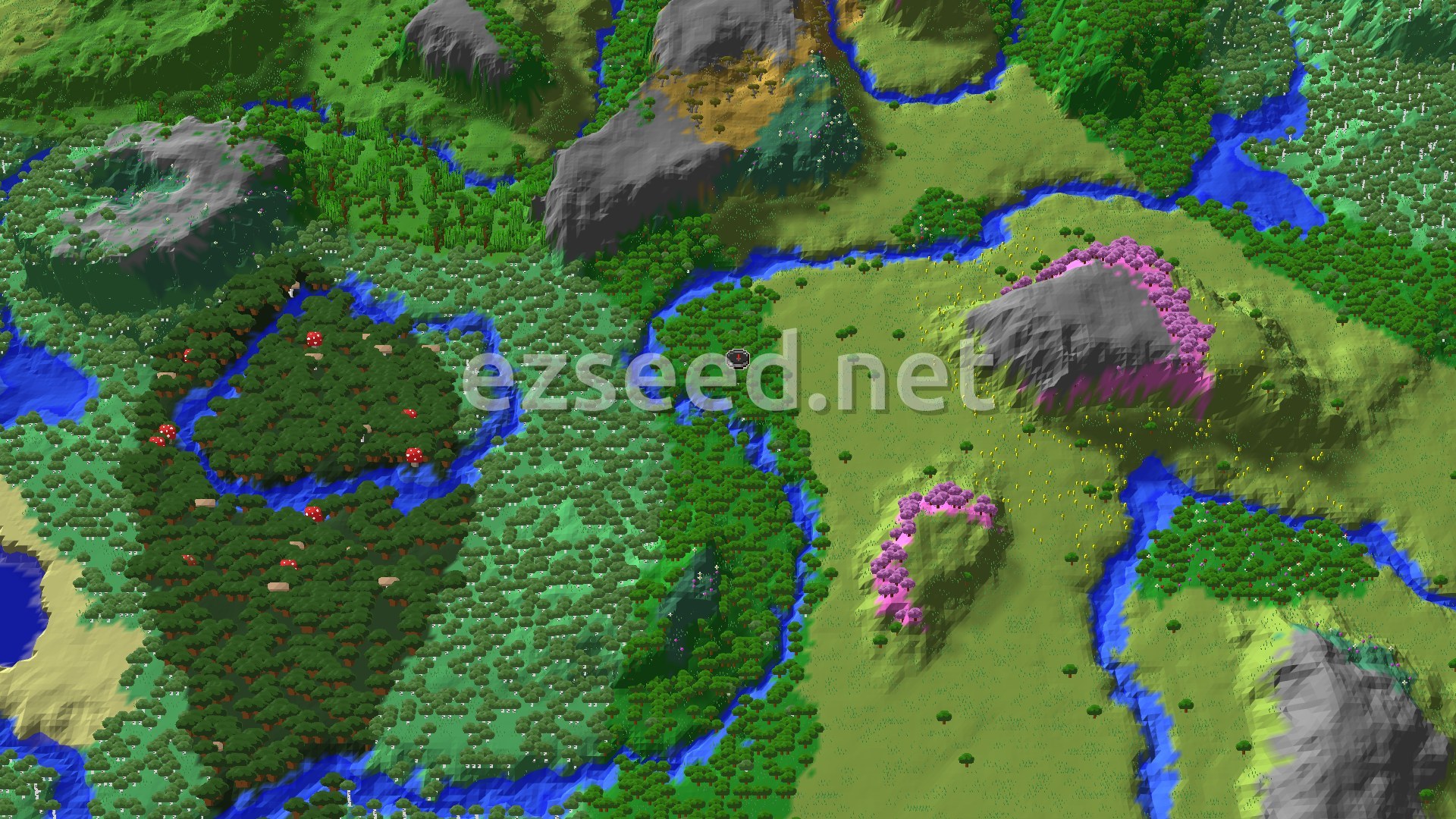 An aerial view of a mostly green landscape with forests, rivers, and some grey mountains. Patches of pink cherry blossom trees are visible on some hillsides.