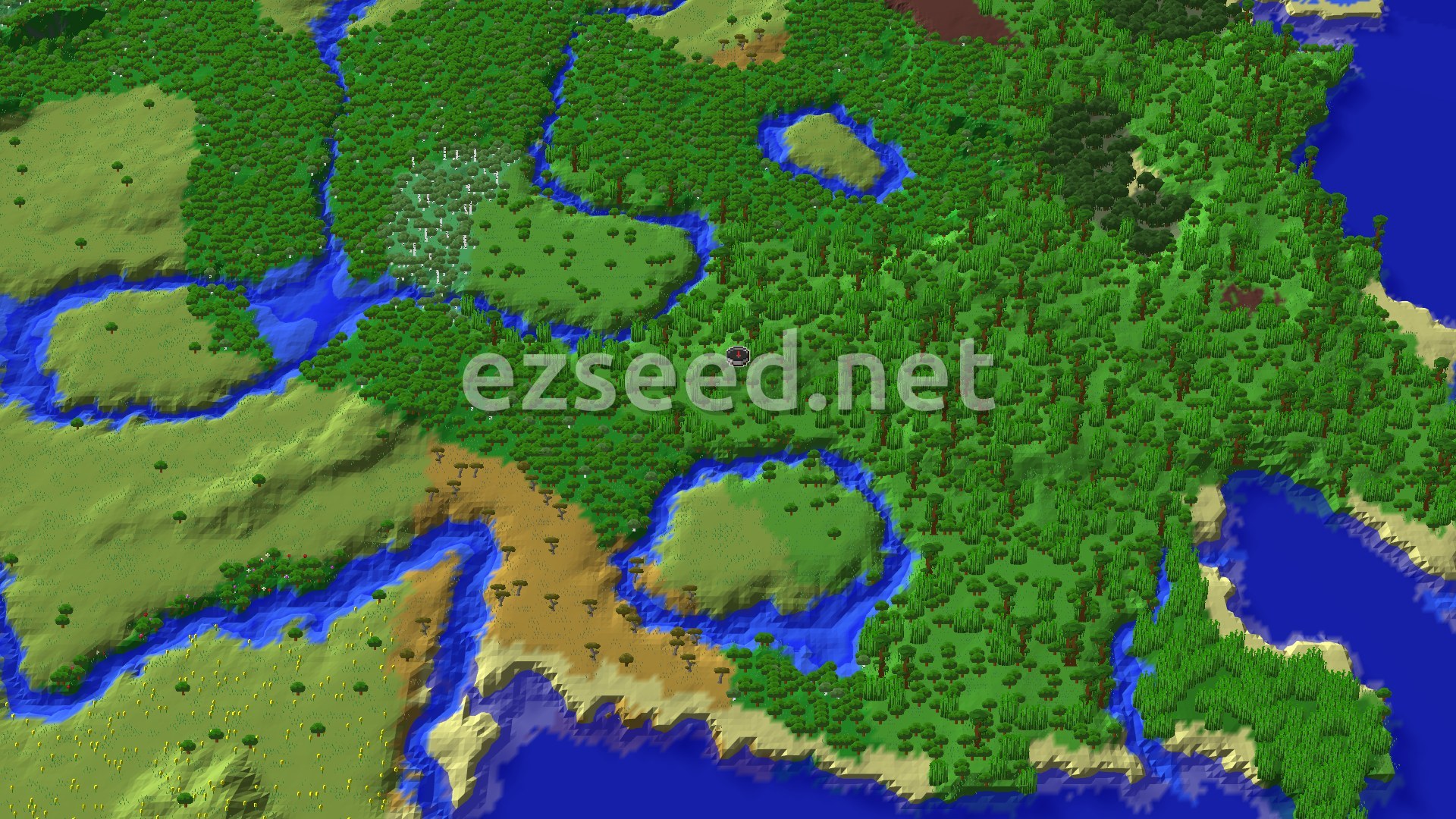 An aerial view of a dense jungle landscape with winding rivers and patches of lighter green plains and darker forests. A small marker indicates the spawn point.