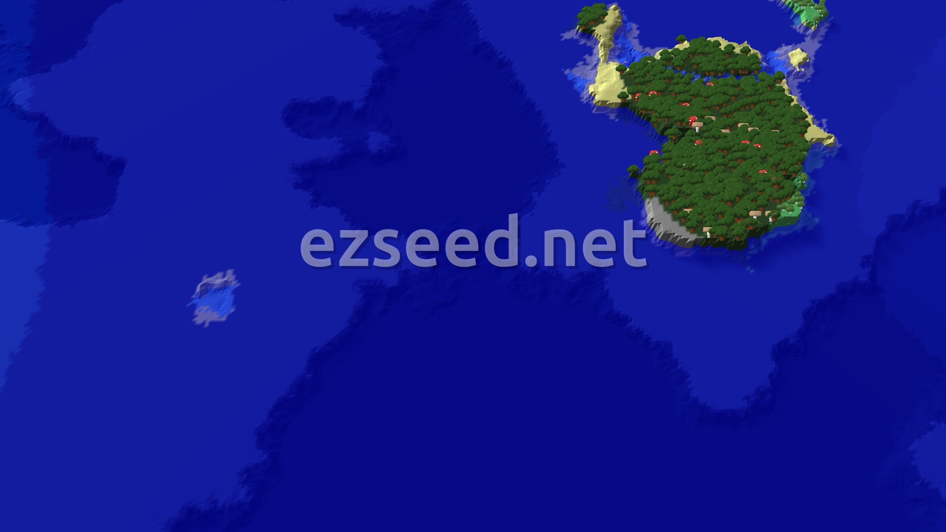 A dense green forest island with sandy edges and a stone cliff on one side, surrounded by deep blue ocean.