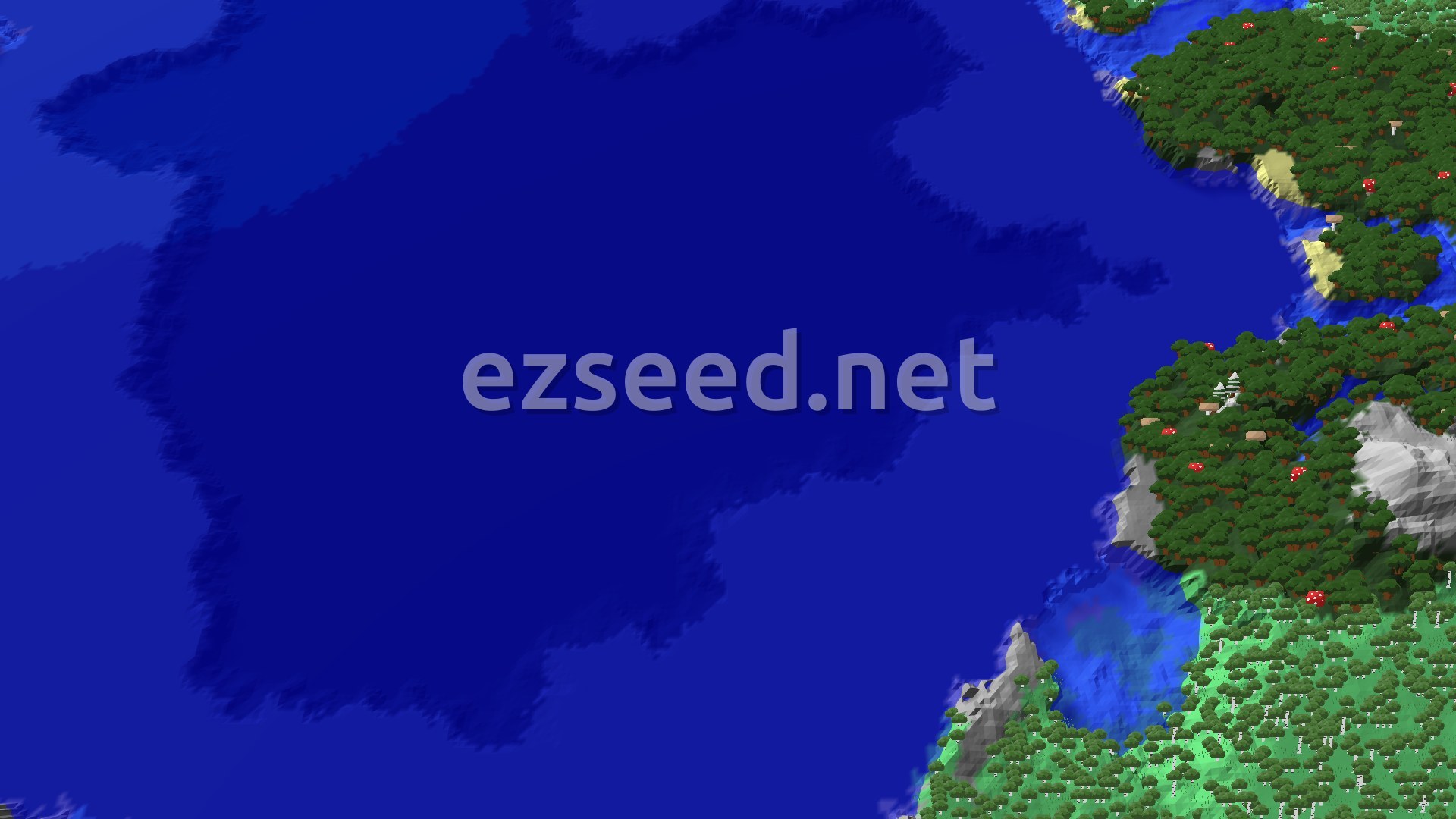 A wide dark-blue ocean fills most of the frame, with a dense dark-green forest dotted with red mushrooms and bare grey rock along the eastern shore.