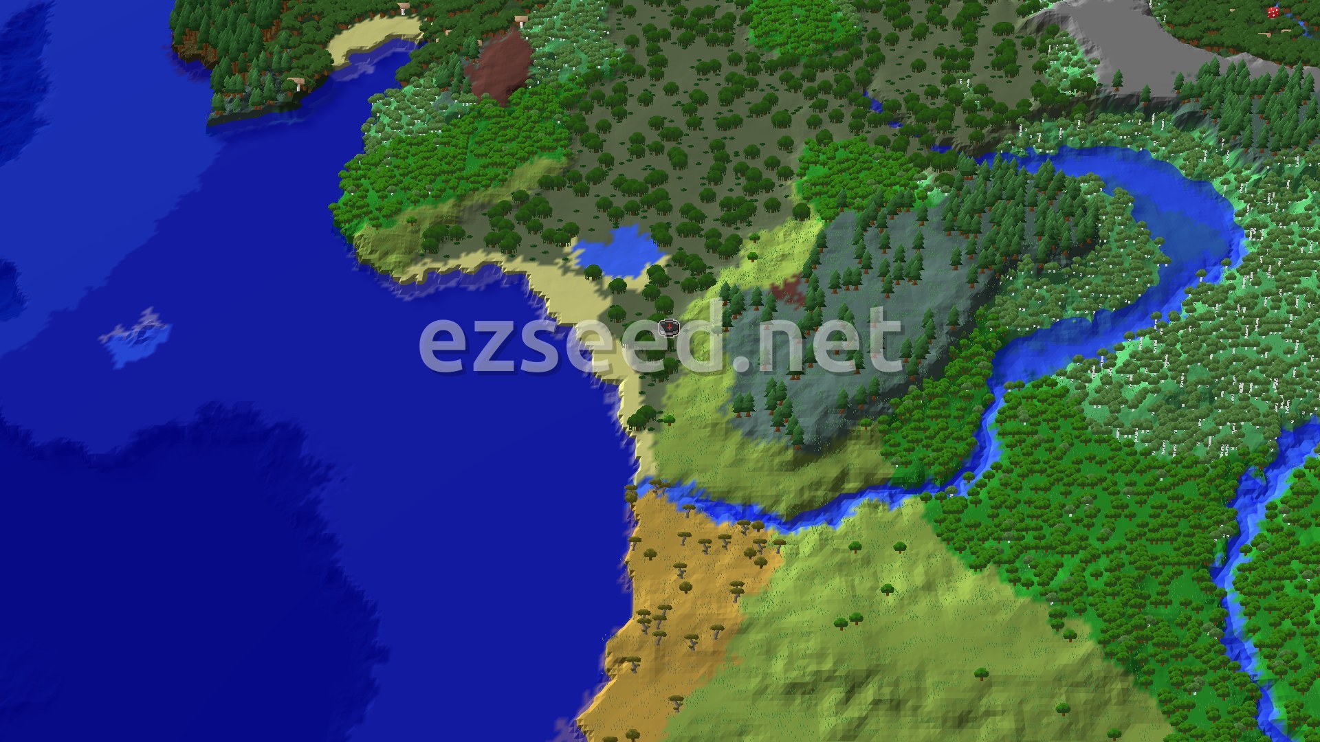 An aerial view of the spawn area, showing a mix of green forests, some lighter plains, and a winding river flowing into a large blue ocean. A few hills are visible with a small spawn marker in a swampy area.