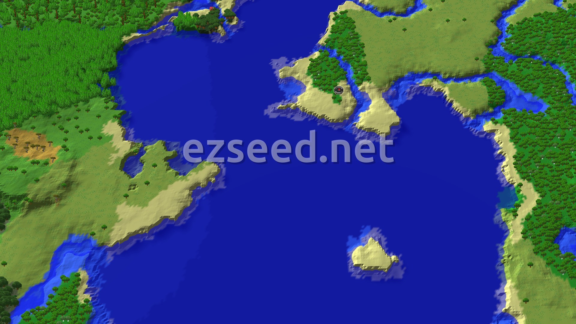 A sandy, tree-covered headland pushes into a wide blue bay, with a small islet offshore and dense forest and plains along the far shores.